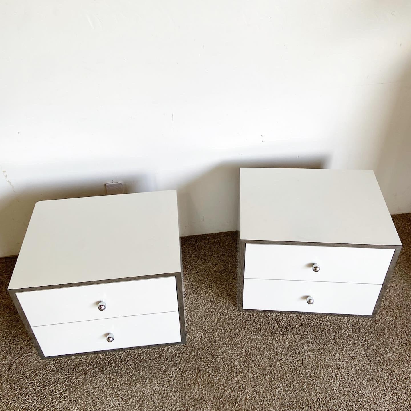 Post-Modern Postmodern White Lacquer Laminate and Chrome Nightstands, a Pair