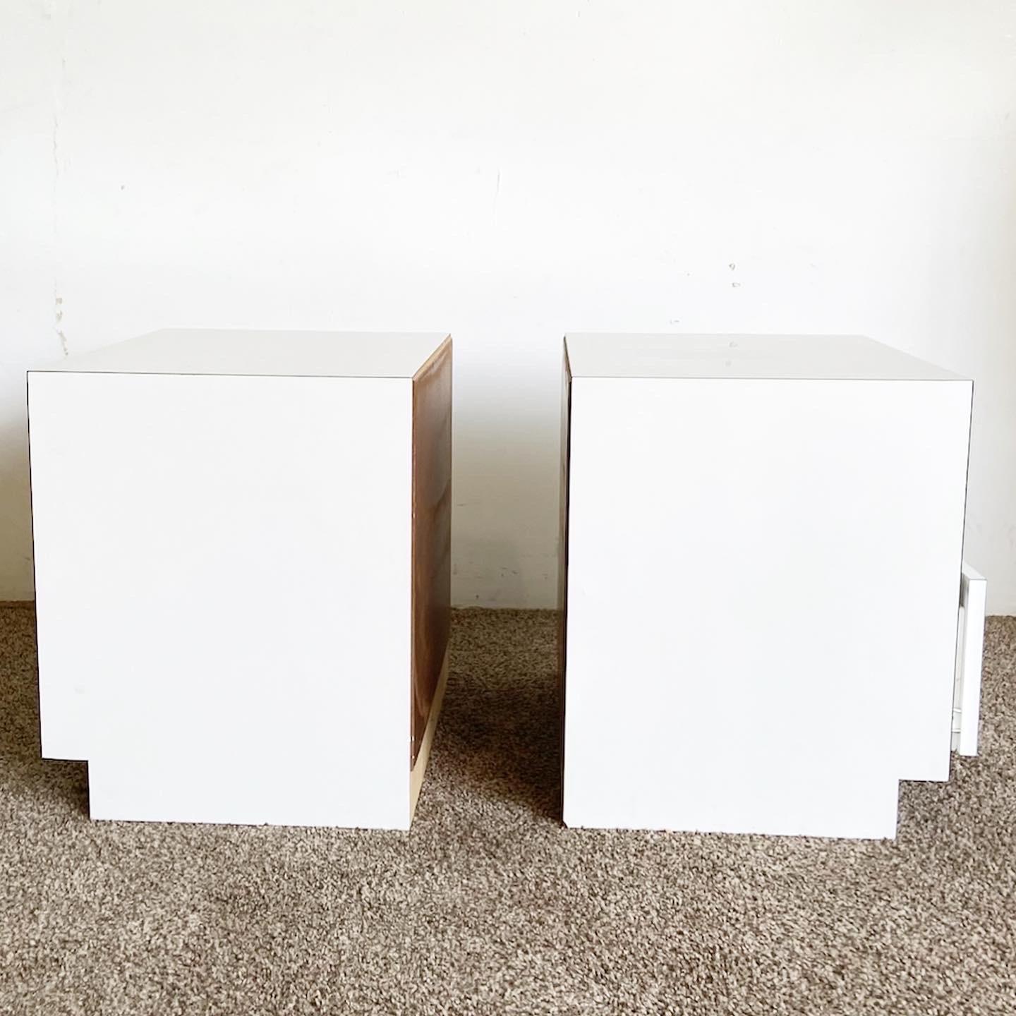 American Postmodern White Lacquer Laminate and Chrome Nightstands, a Pair