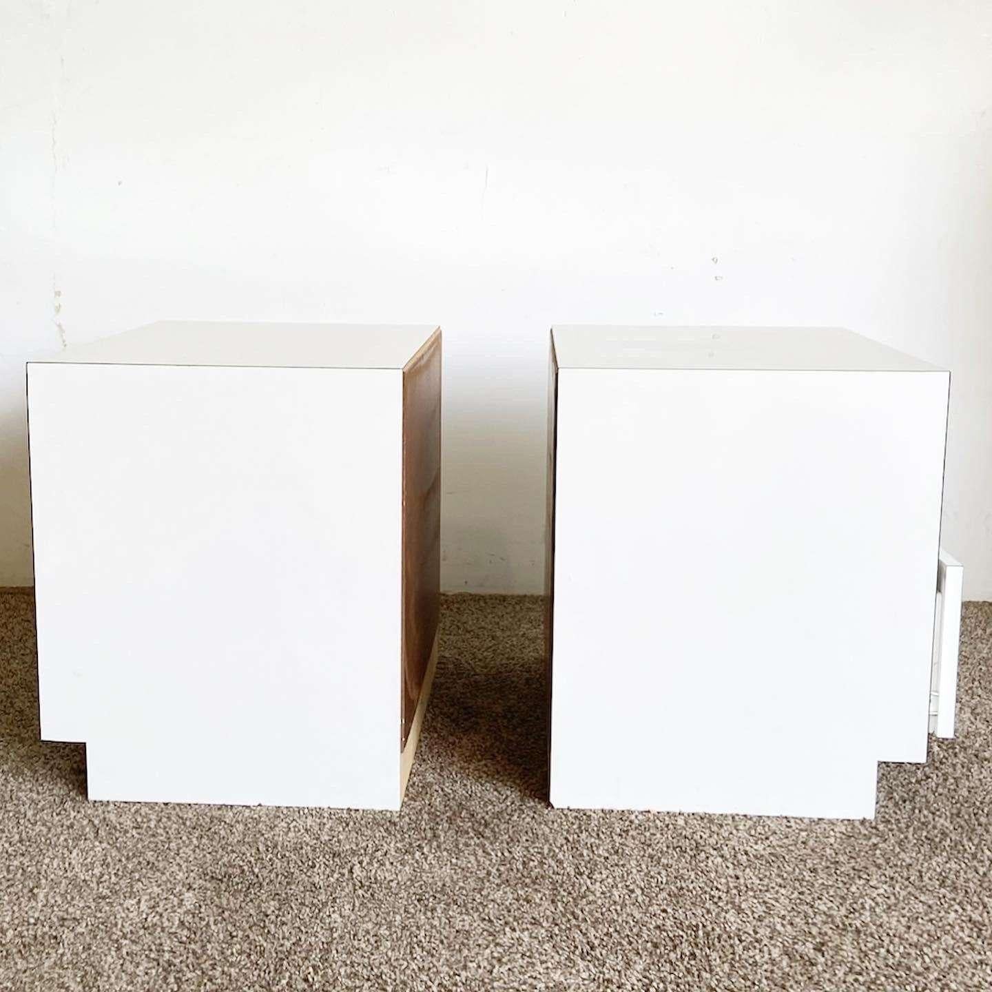 American Postmodern White Lacquer Laminate and Chrome Nightstands - a Pair