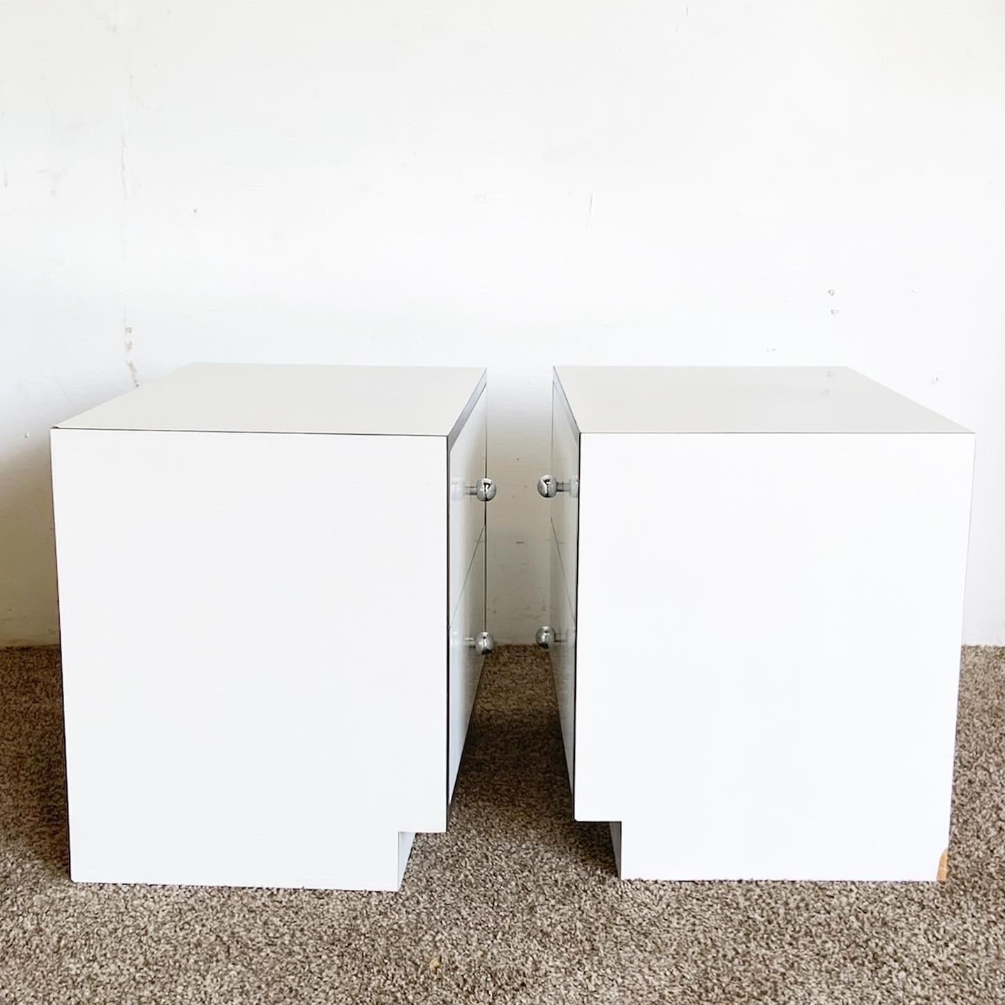 Late 20th Century Postmodern White Lacquer Laminate and Chrome Nightstands, a Pair