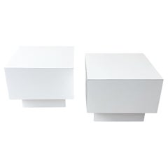Postmodern White Lacquer Laminate Block Side Tables - a Pair
