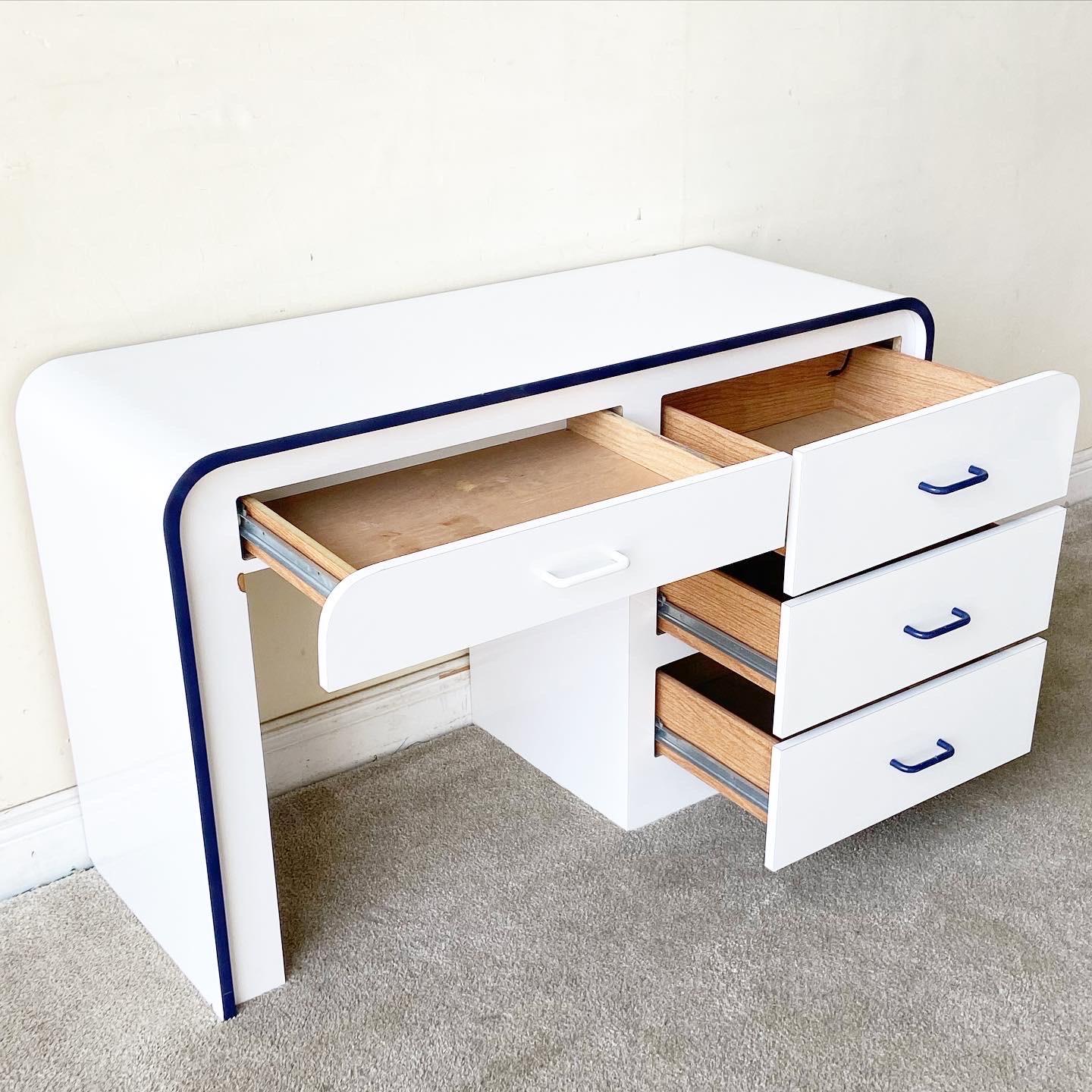 Post-Modern Postmodern White Lacquer Laminate Desk With Navy Trim and Handles