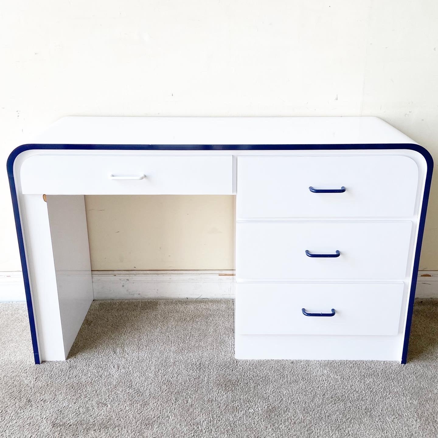 American Postmodern White Lacquer Laminate Desk With Navy Trim and Handles