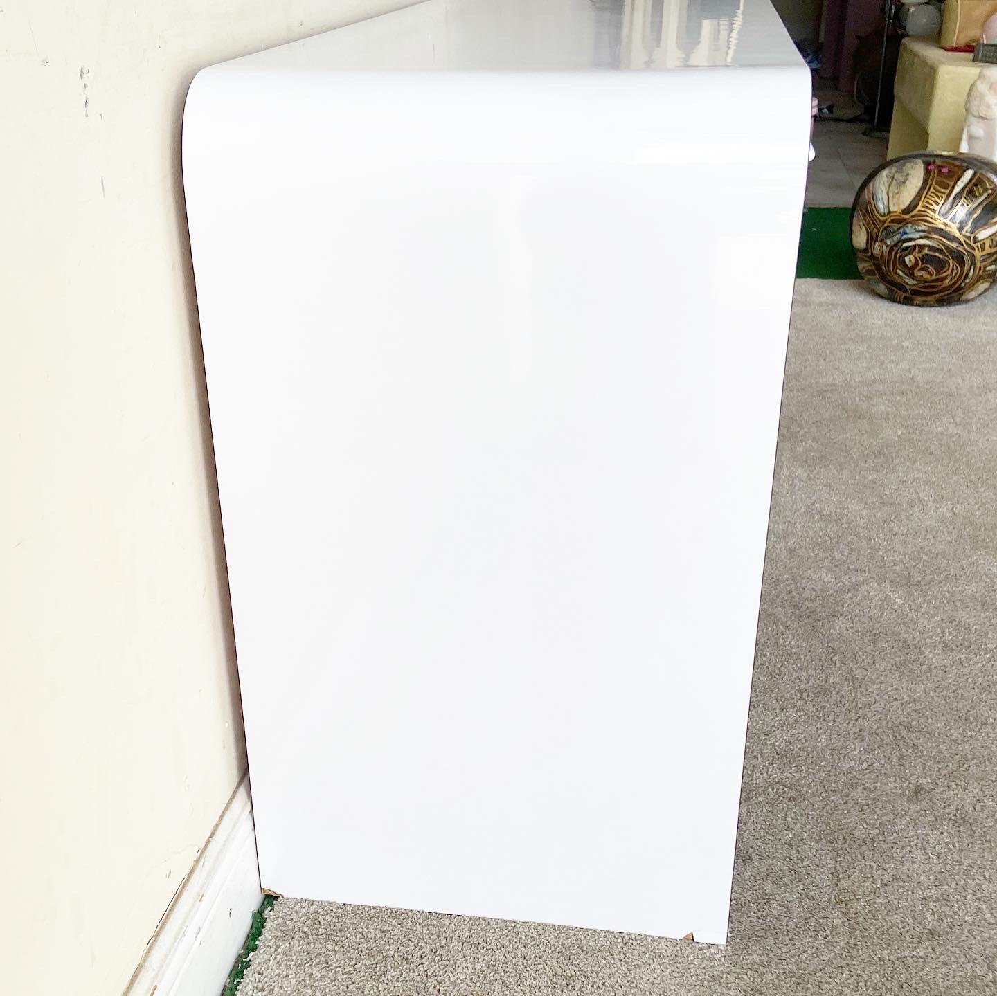 Late 20th Century Postmodern White Lacquer Laminate Desk With Navy Trim and Handles