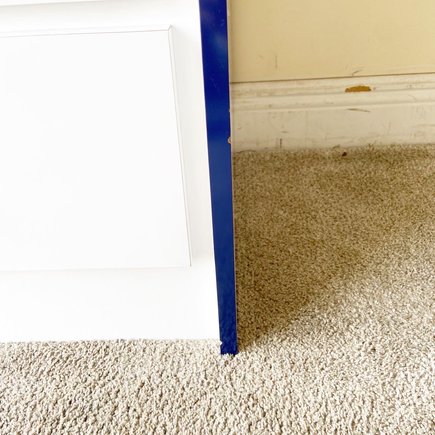 Postmodern White Lacquer Laminate Desk With Navy Trim and Handles 2