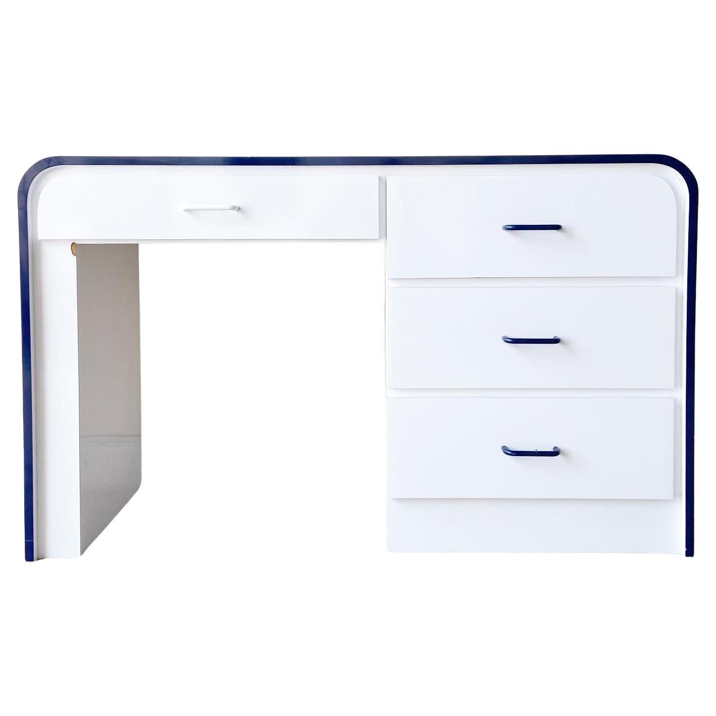 Postmodern White Lacquer Laminate Desk With Navy Trim and Handles