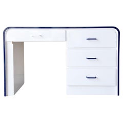 Postmodern White Lacquer Laminate Desk With Navy Trim and Handles
