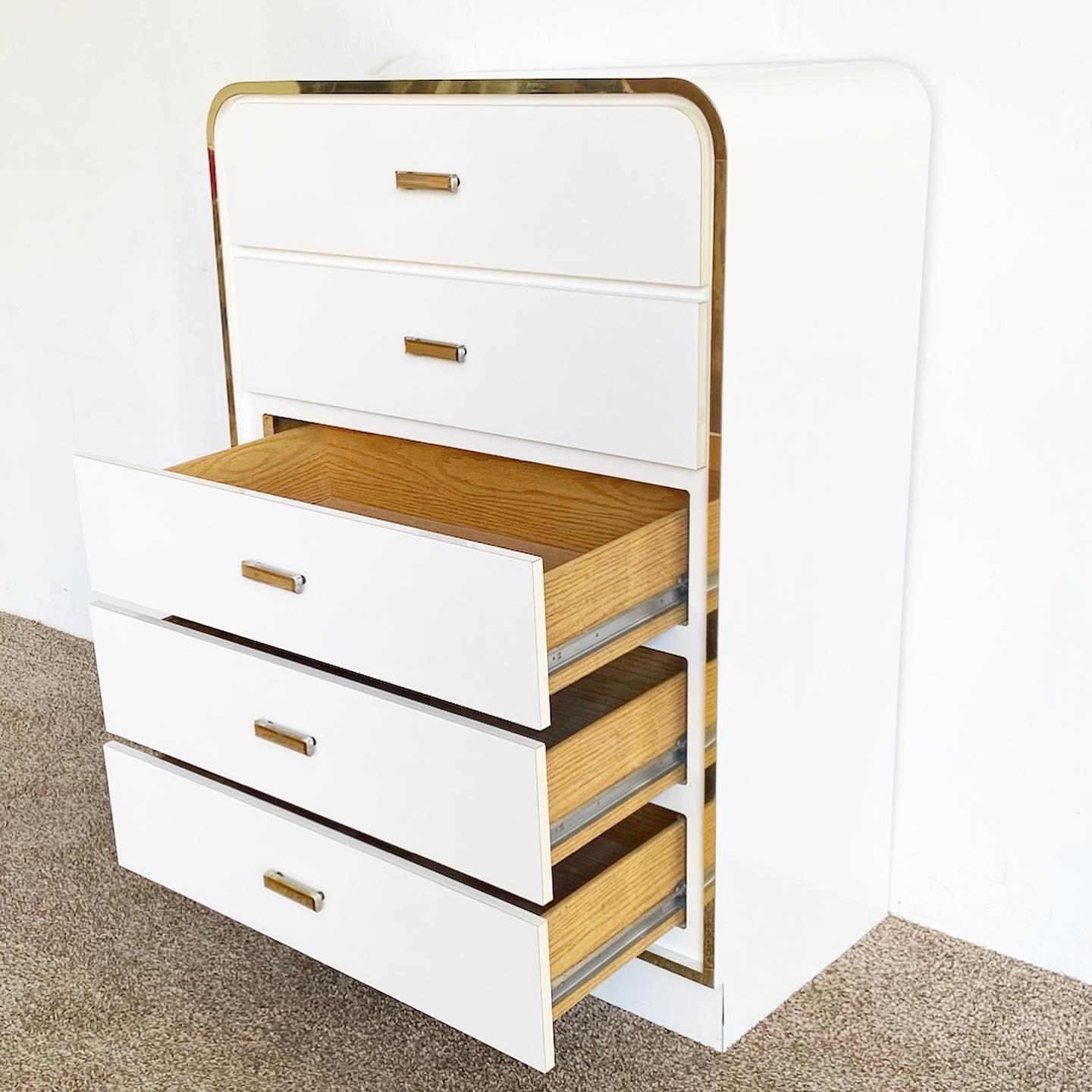 Postmodern White Lacquer Laminate Highboy Dresser In Good Condition In Delray Beach, FL