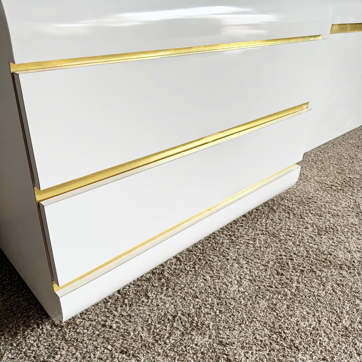 20th Century Postmodern White Lacquer Laminate King Storage Waterfall Headboard & Nightstands For Sale