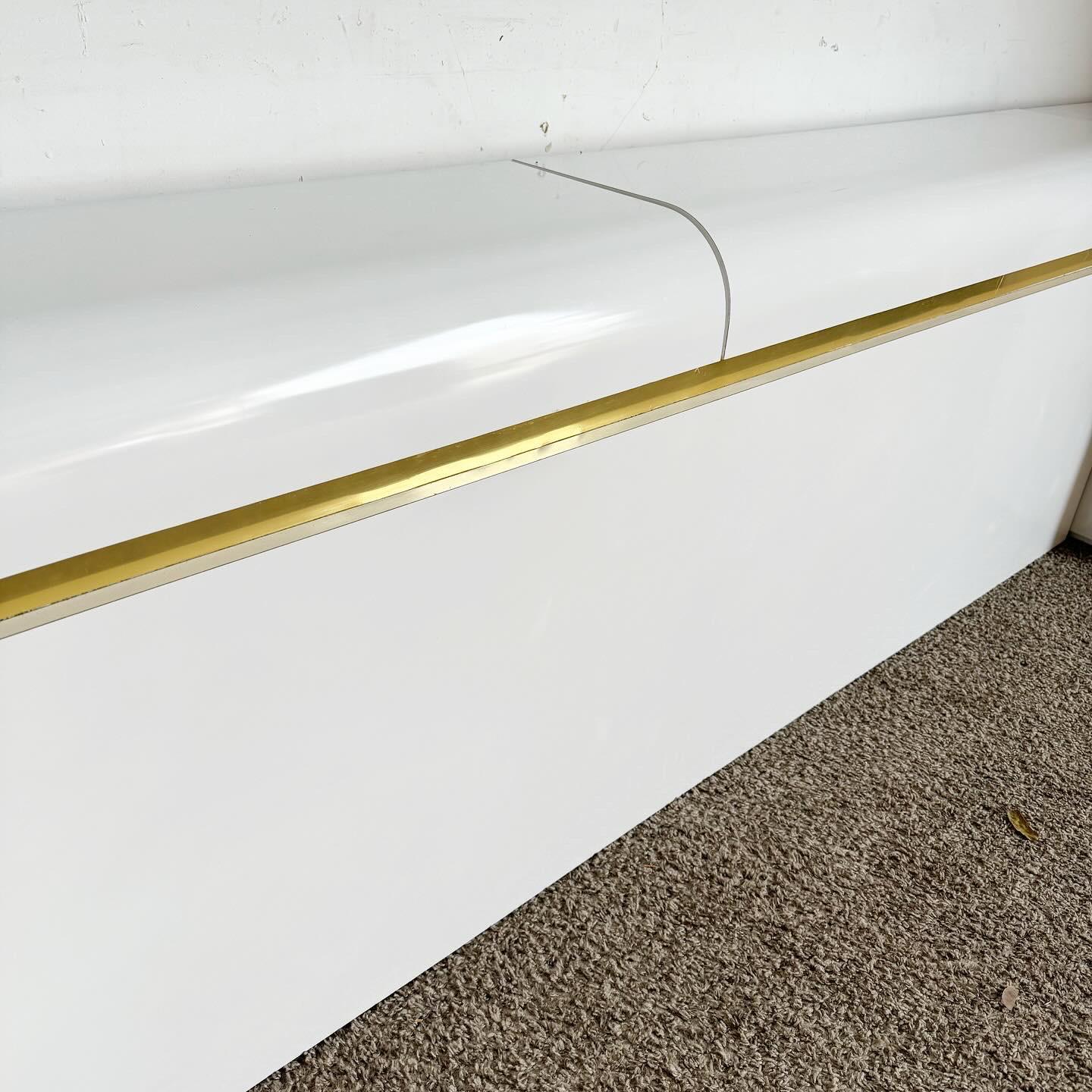 20th Century Postmodern White Lacquer Laminate King Storage Waterfall Headboard & Nightstands For Sale