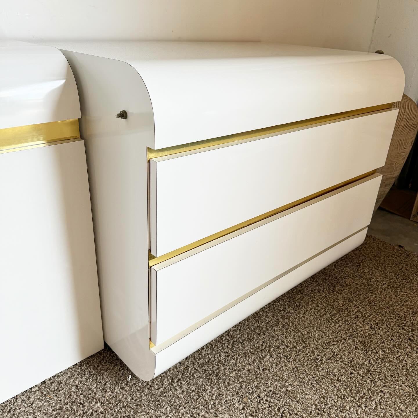 Wood Postmodern White Lacquer Laminate King Storage Waterfall Headboard & Nightstands For Sale