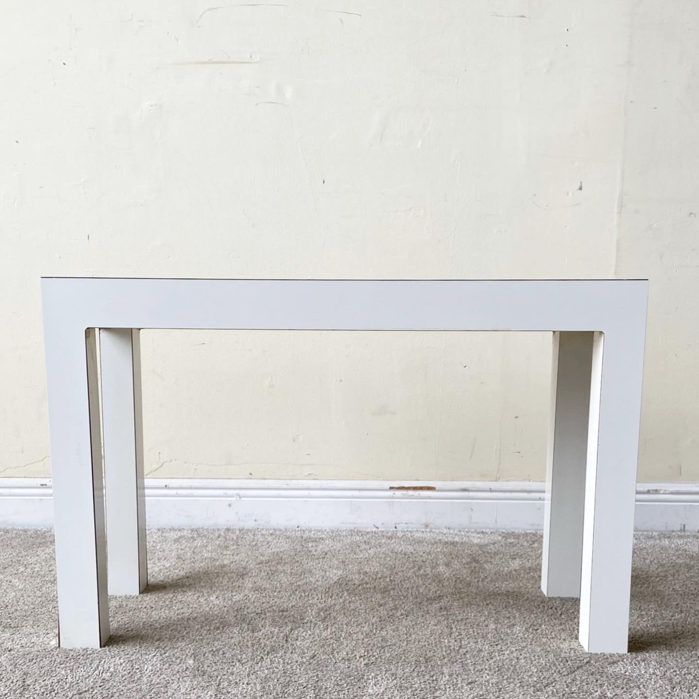 Post-Modern Postmodern White Lacquer Laminate Parsons Side Tables, Pair