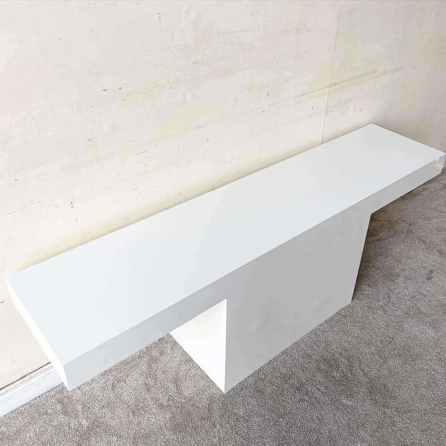 American Postmodern White Lacquer Laminate T Console Table For Sale