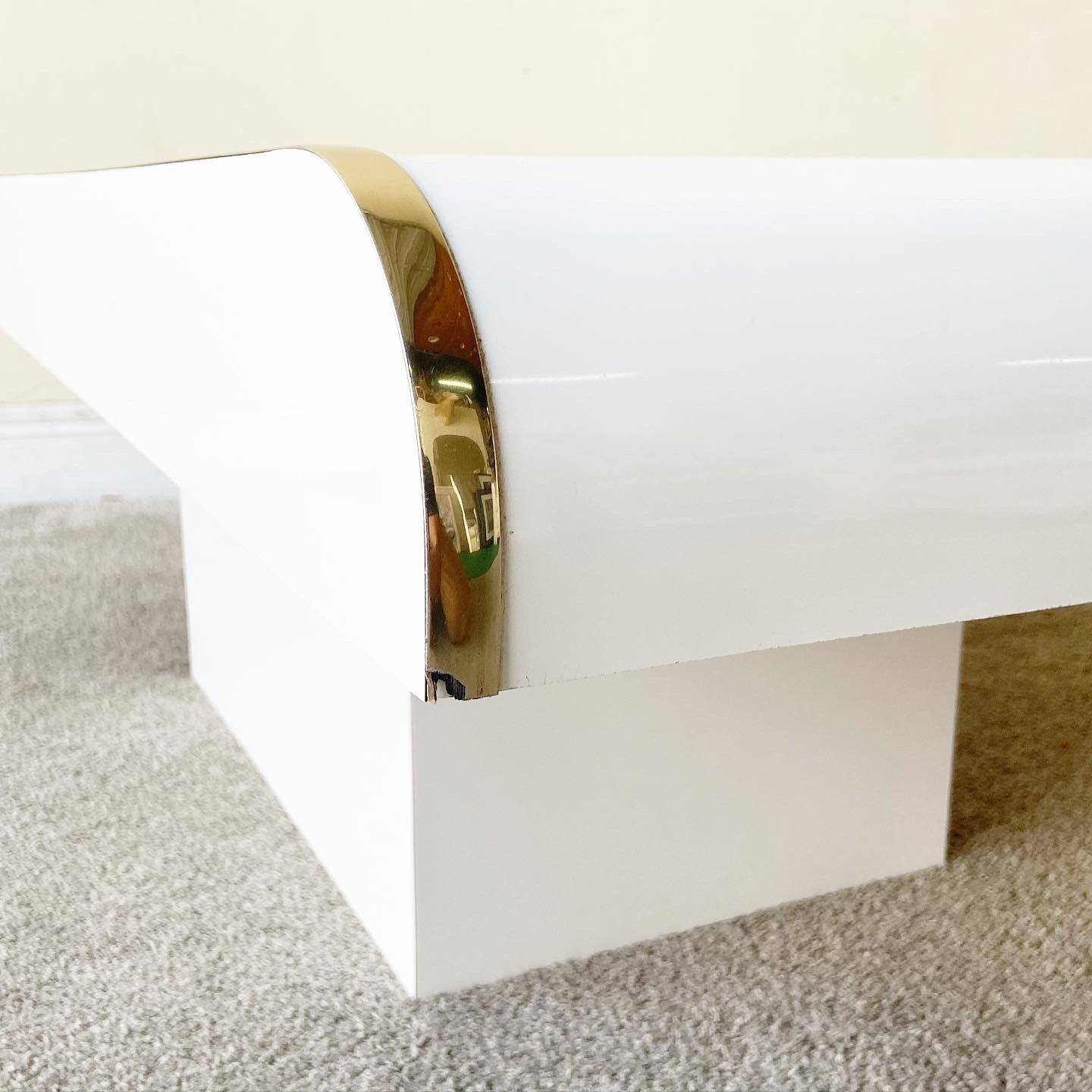 Post-Modern Postmodern White Lacquer Laminate Waterfall Coffee Table with Gold Trim