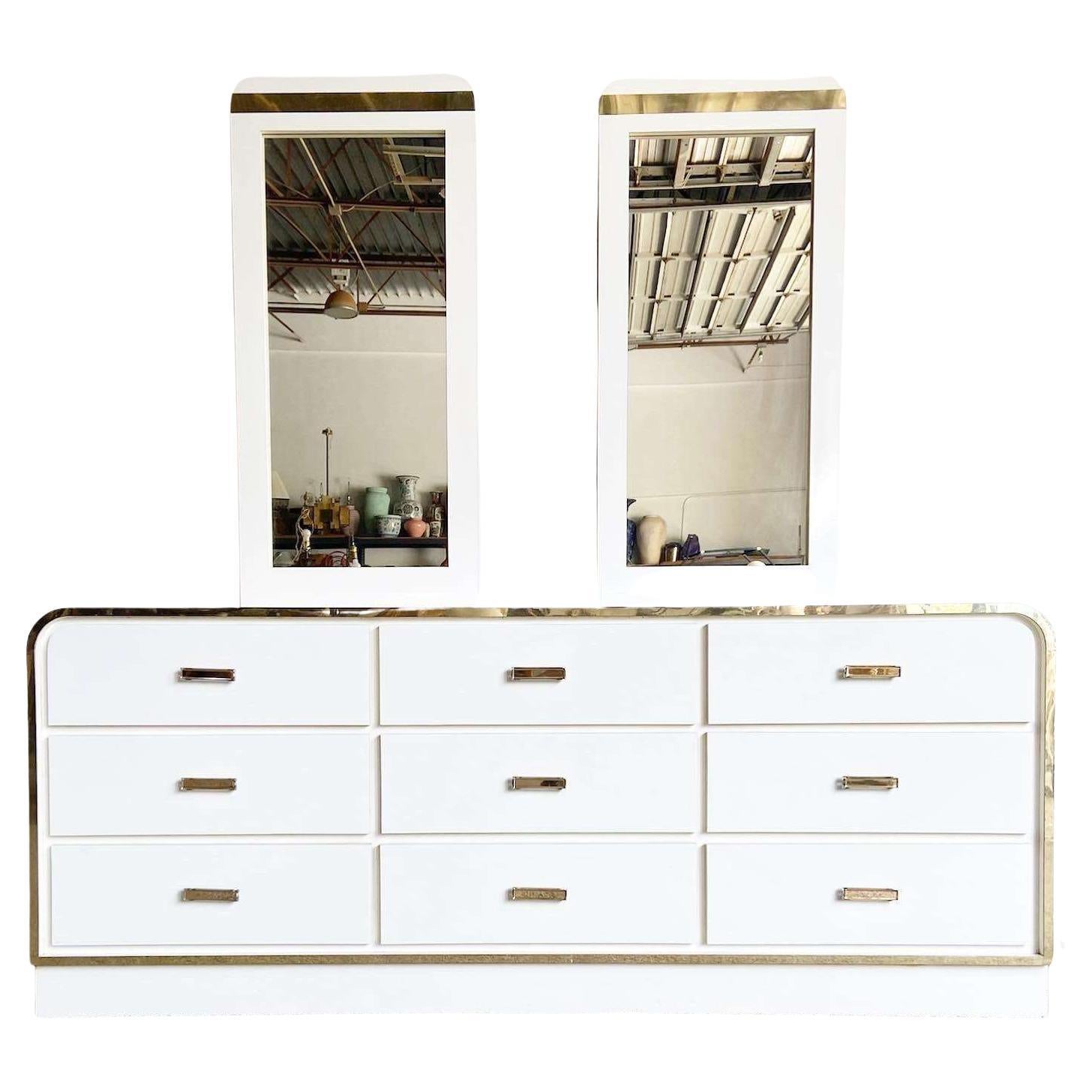 Postmodern White Lacquer Laminate Waterfall Dresser With Gold Trim and