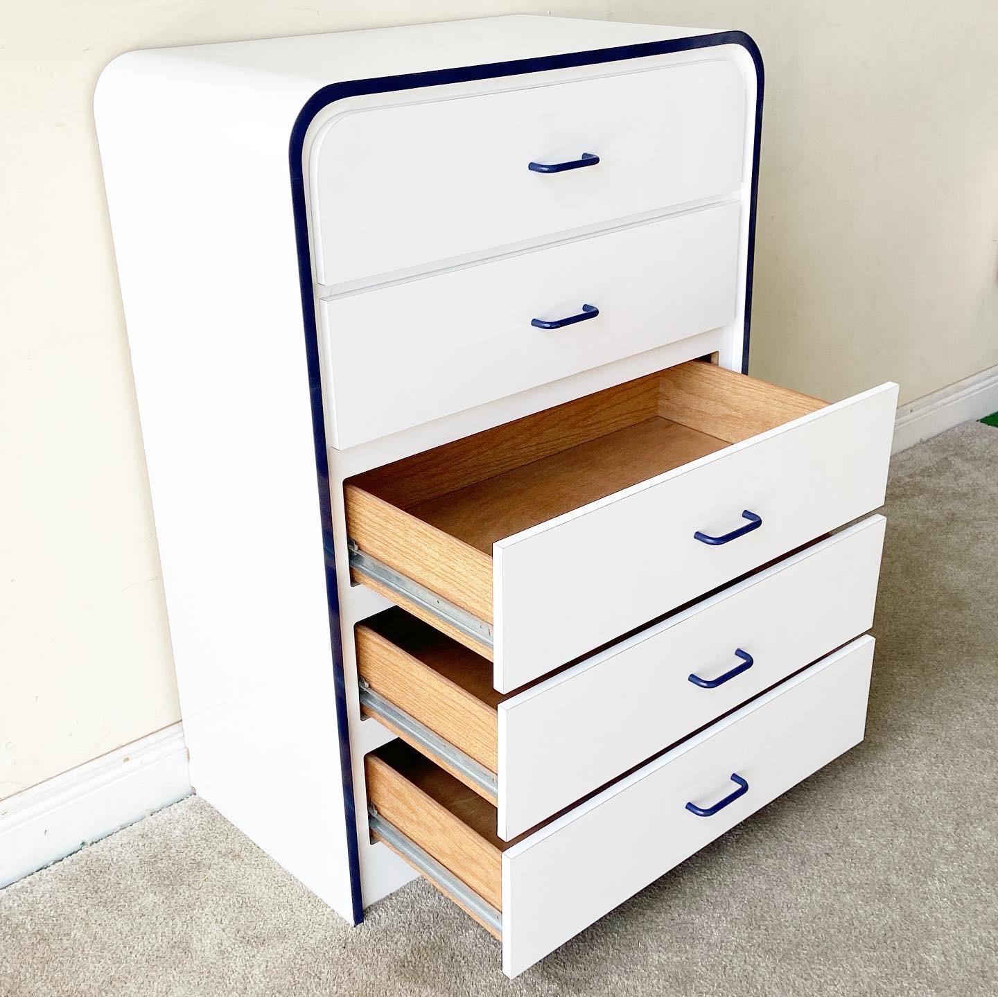 Post-Modern Postmodern White Lacquer Laminate Waterfall Highboy Dresser with Navy Trim and H