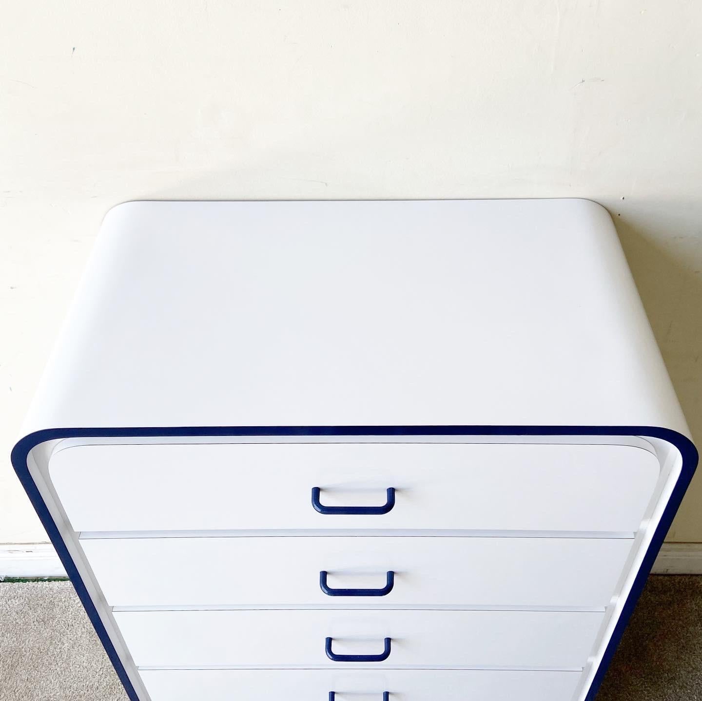 American Postmodern White Lacquer Laminate Waterfall Highboy Dresser with Navy Trim and H
