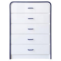 Postmodern White Lacquer Laminate Waterfall Highboy Dresser with Navy Trim and H