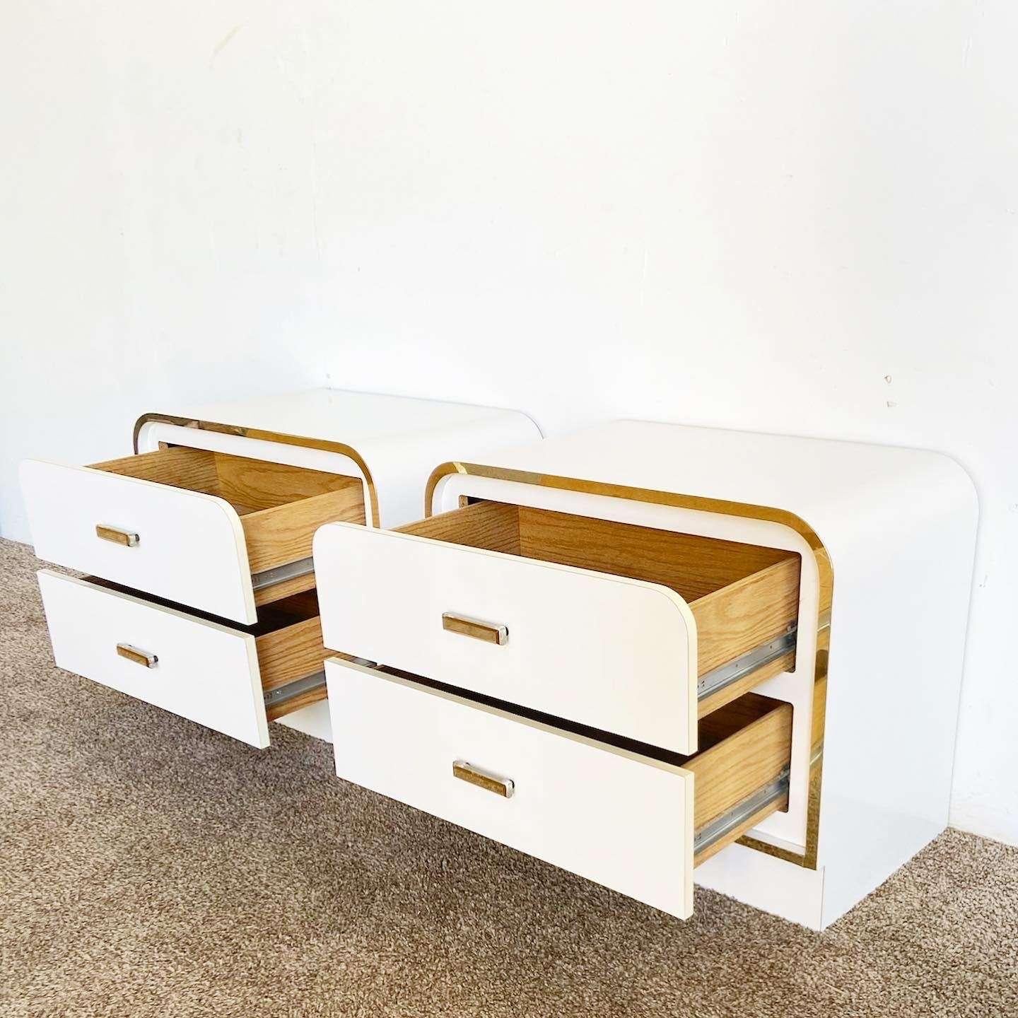 Late 20th Century Postmodern White Lacquer Laminate Waterfall Nightstands W/ Gold Accents - a Pair