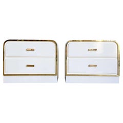 Postmodern White Lacquer Laminate Waterfall Nightstands W/ Gold Accents - a Pair