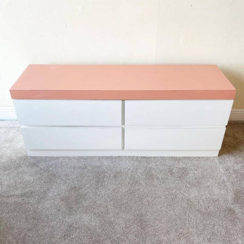 Post-Modern Postmodern White Lacquer & Pink Matte Laminate Dresser with Gold Trim