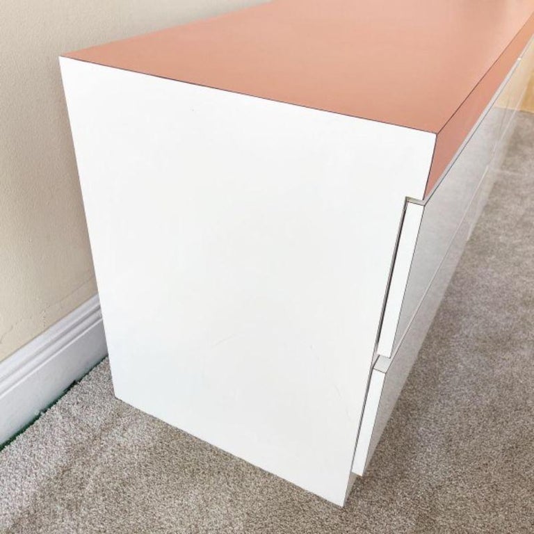American Postmodern White Lacquer & Pink Matte Laminate Dresser with Gold Trim For Sale
