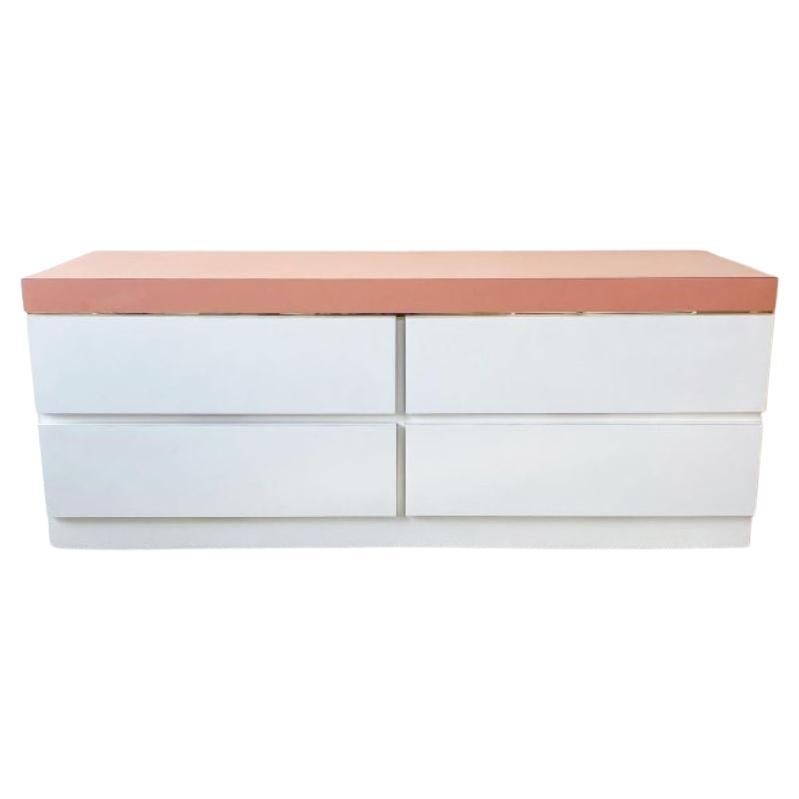 Postmodern White Lacquer & Pink Matte Laminate Dresser with Gold Trim