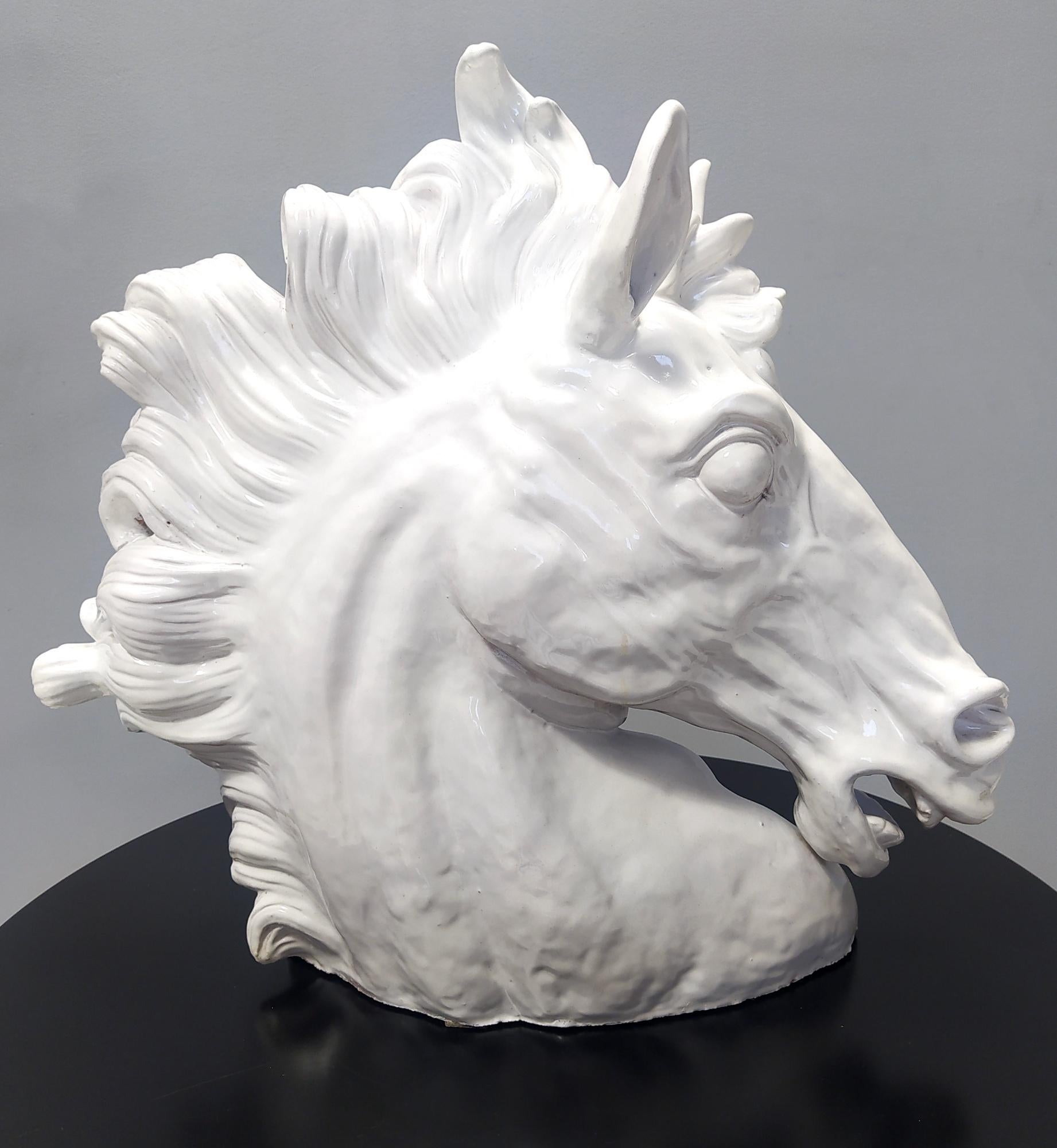Italian Postmodern White Lacquered Earthenware Horse Head Decorative Object, Italy 1980s For Sale