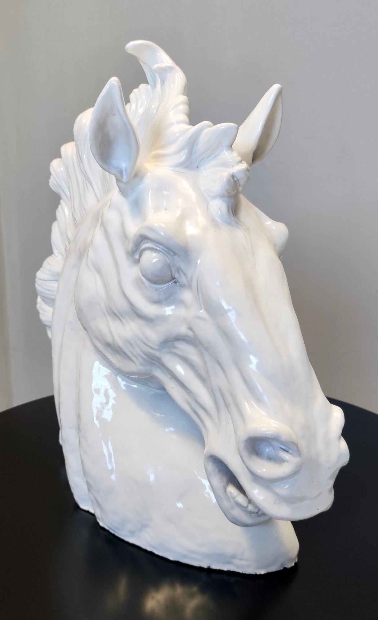 Postmodern White Lacquered Earthenware Horse Head Decorative Object, Italy 1980s For Sale 3