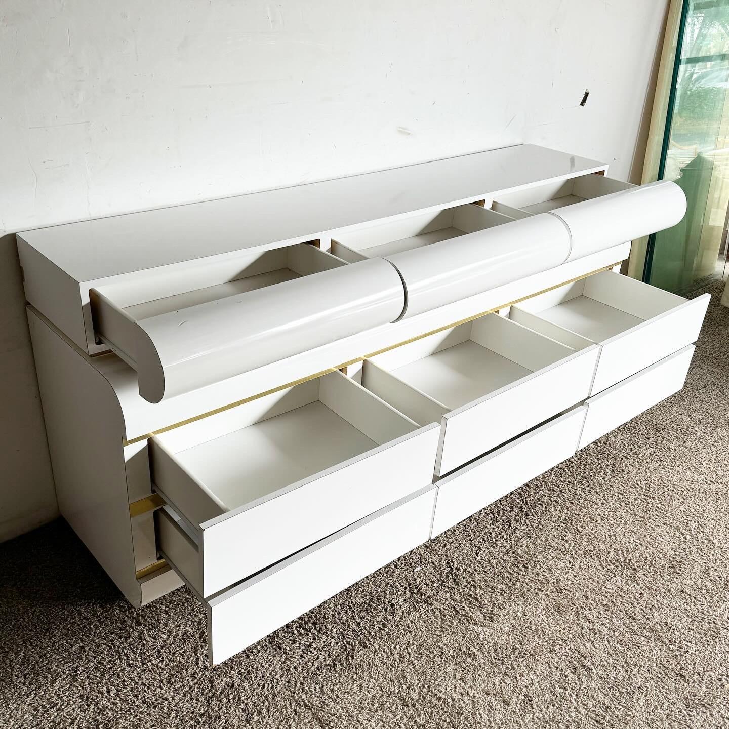 Post-Modern Postmodern White Laminate Bullnose Dresser With Removable Top and Gold Accents For Sale