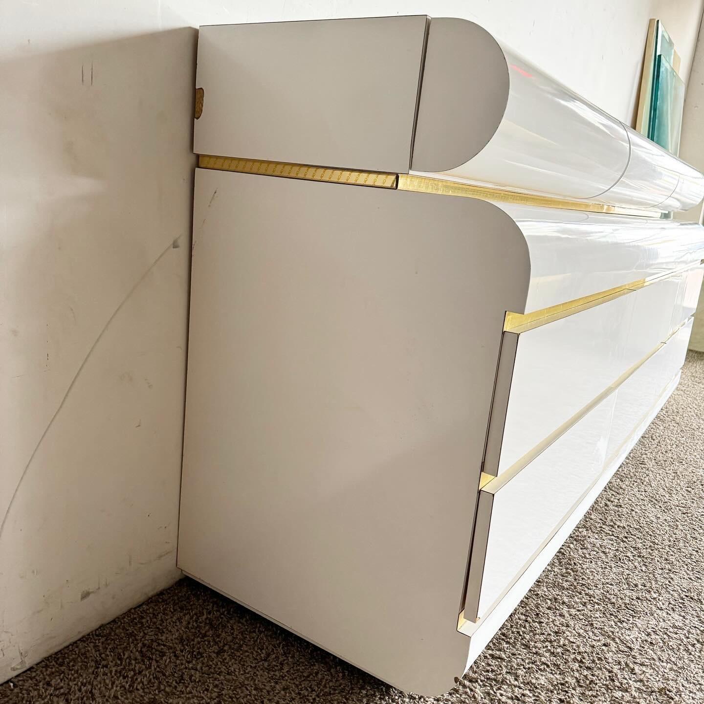 American Postmodern White Laminate Bullnose Dresser With Removable Top and Gold Accents For Sale