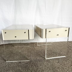 Postmodern White Laminate Lucite Floating Nighstands - A Pair