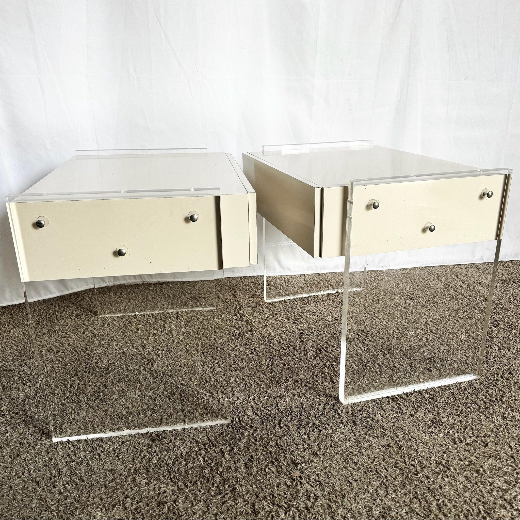 Postmodern White Laminate Lucite Floating Nighstands - A Pair In Good Condition For Sale In Delray Beach, FL