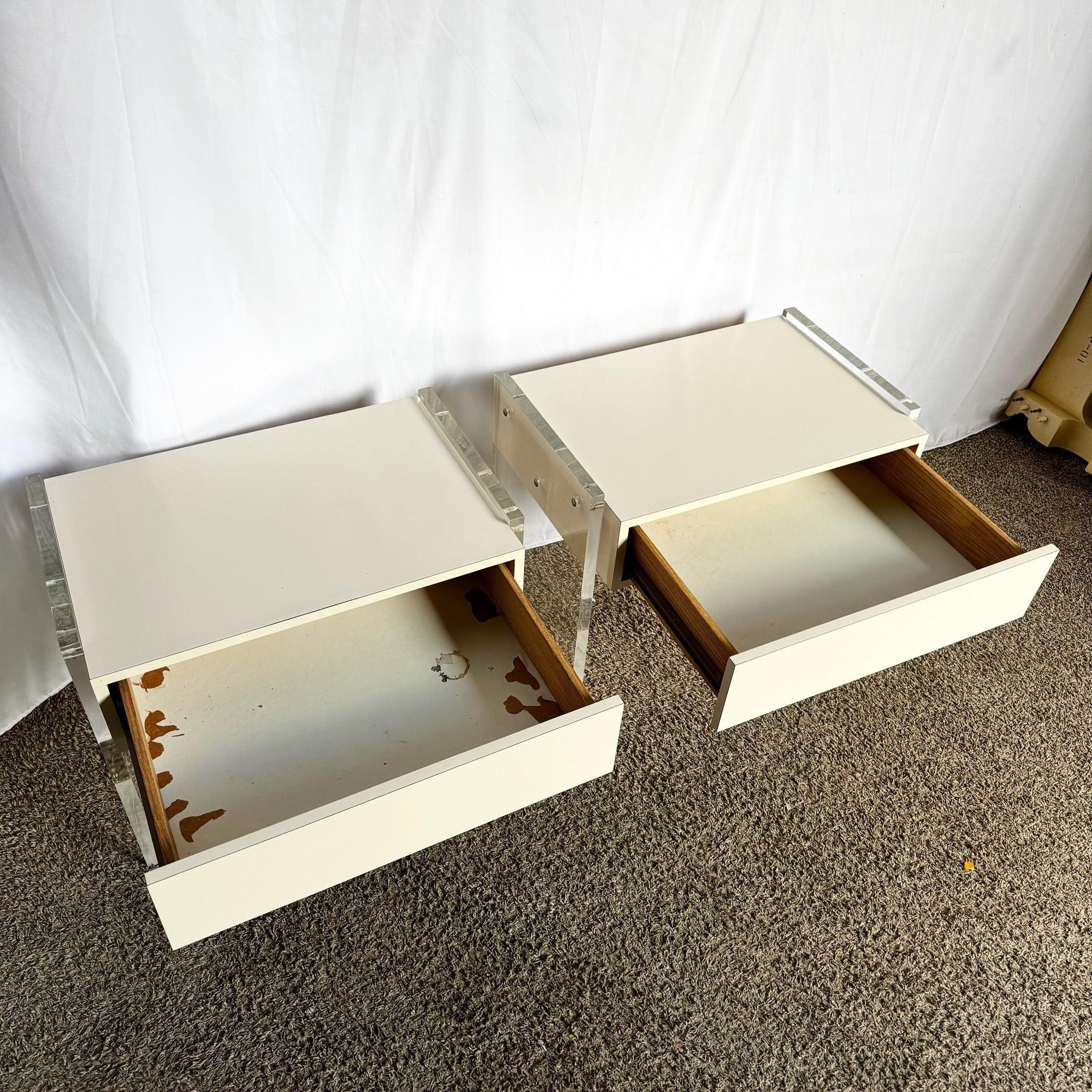 Postmodern White Laminate Lucite Floating Nighstands - A Pair For Sale 1