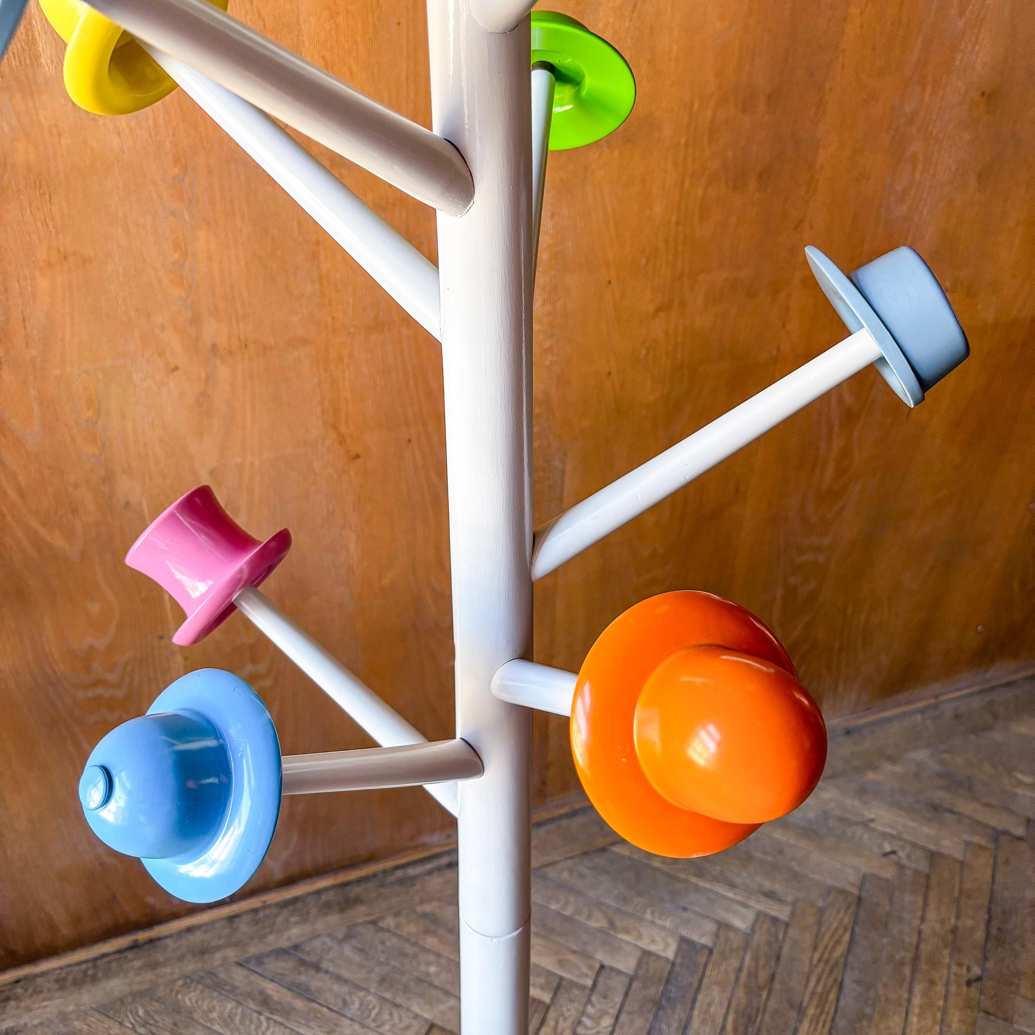 Late 20th Century Postmodern White Metal Coatrack with Multi Colored Hooks by Ugo Nespolo, Italy For Sale