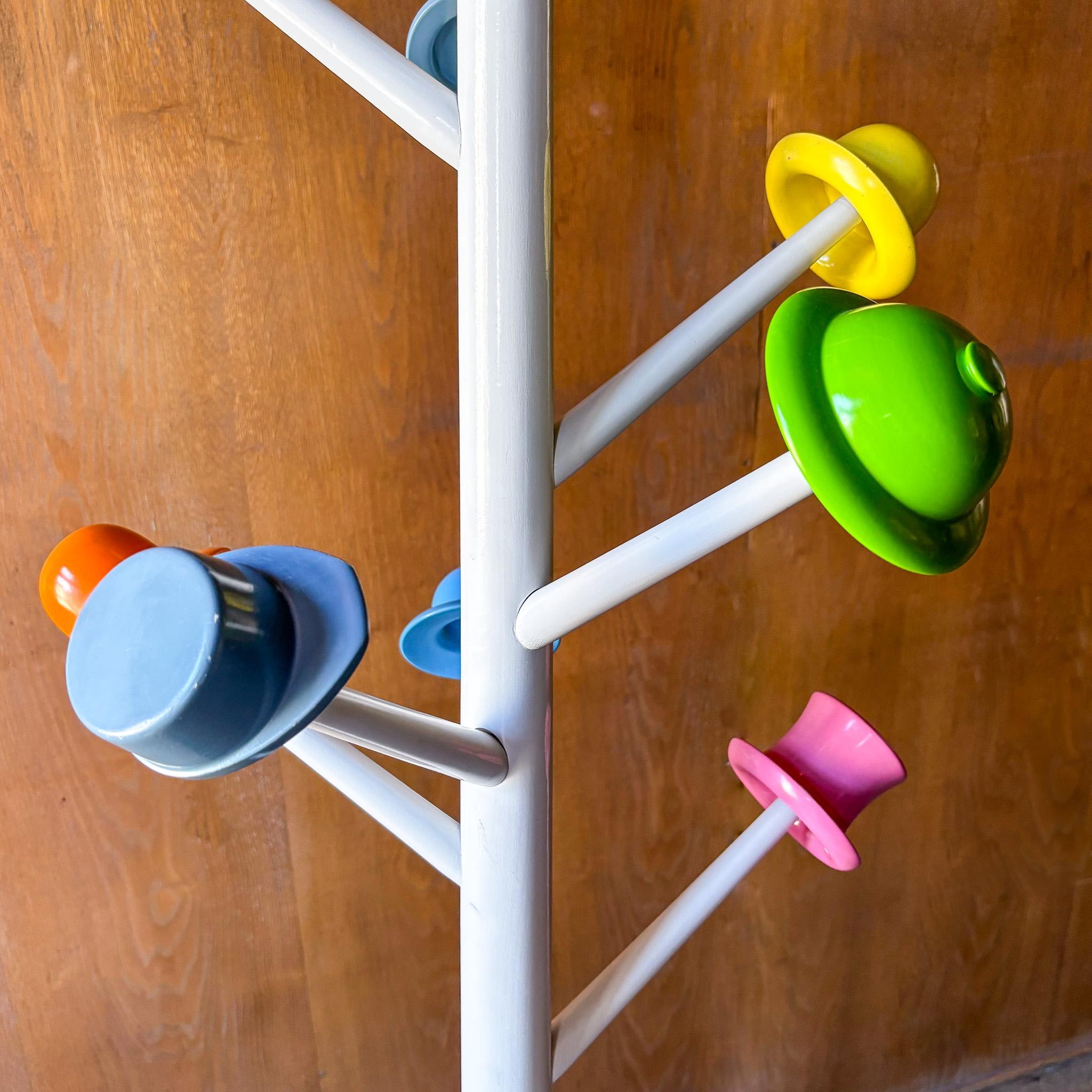 Postmodern White Metal Coatrack with Multi Colored Hooks by Ugo Nespolo, Italy For Sale 2