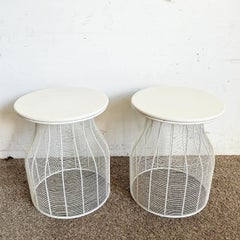 Postmodern White Metal Drum Tables - a Pair