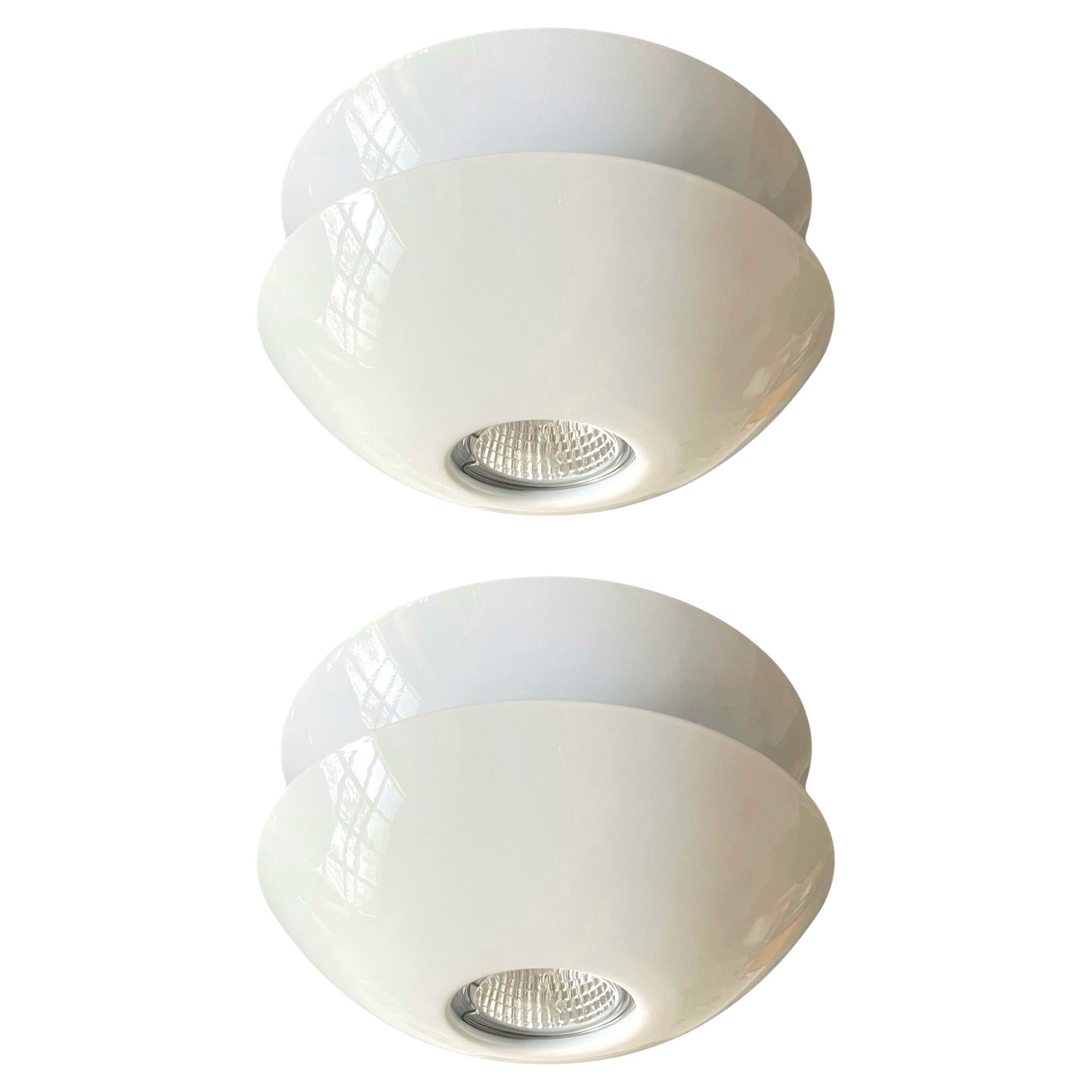 Postmodern White Metal Pair of Halogen Flush Mounts by Blauet, Barcelona, 1980s in vendita