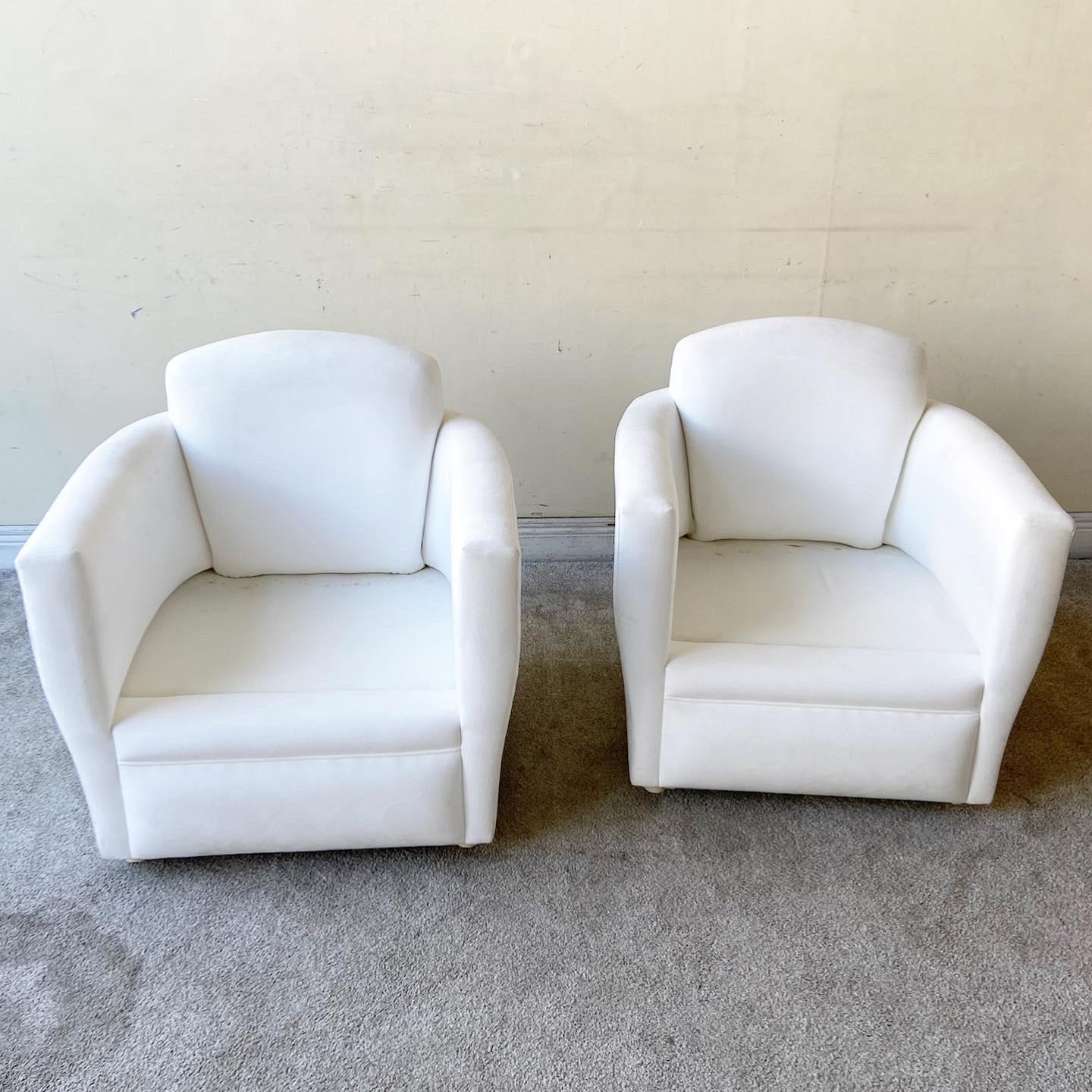 Late 20th Century Postmodern White Micro Suede Lounge Chairs For Sale