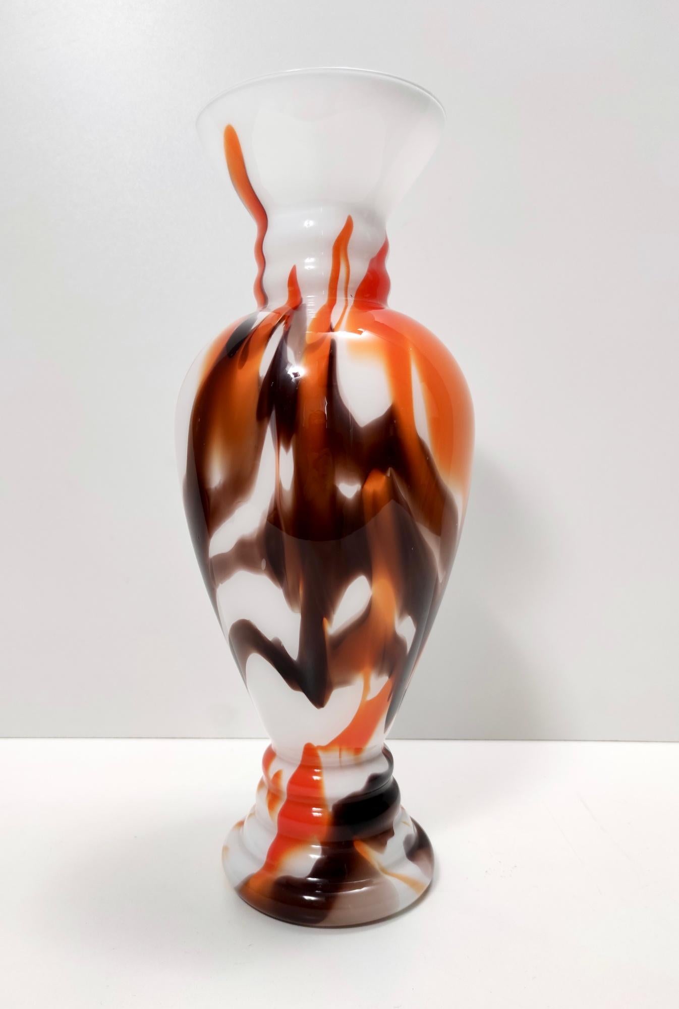 Late 20th Century Postmodern White, Orange and Brown Murano Glass Vase by Carlo Moretti, Italy For Sale