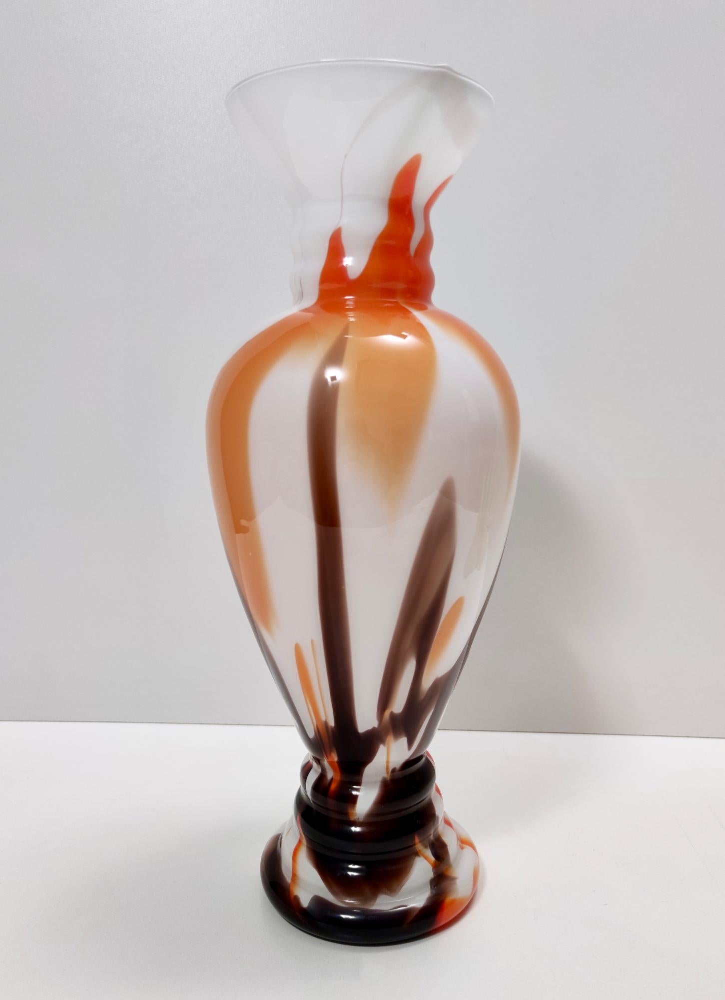 Italian Postmodern White, Orange and Brown Murano Glass Vase by Carlo Moretti, Italy For Sale