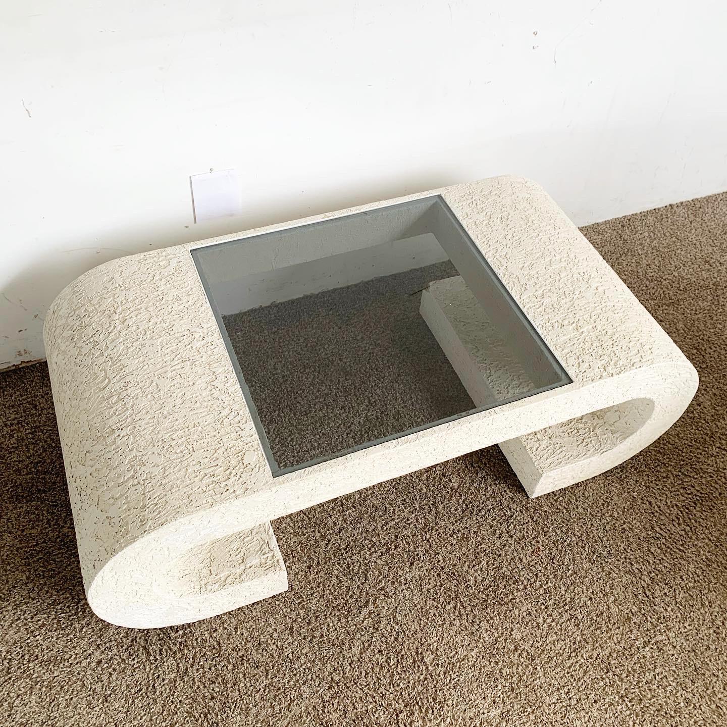 Post-Modern Postmodern White Stucco Smoked Glass Top Scroll Coffee Table For Sale