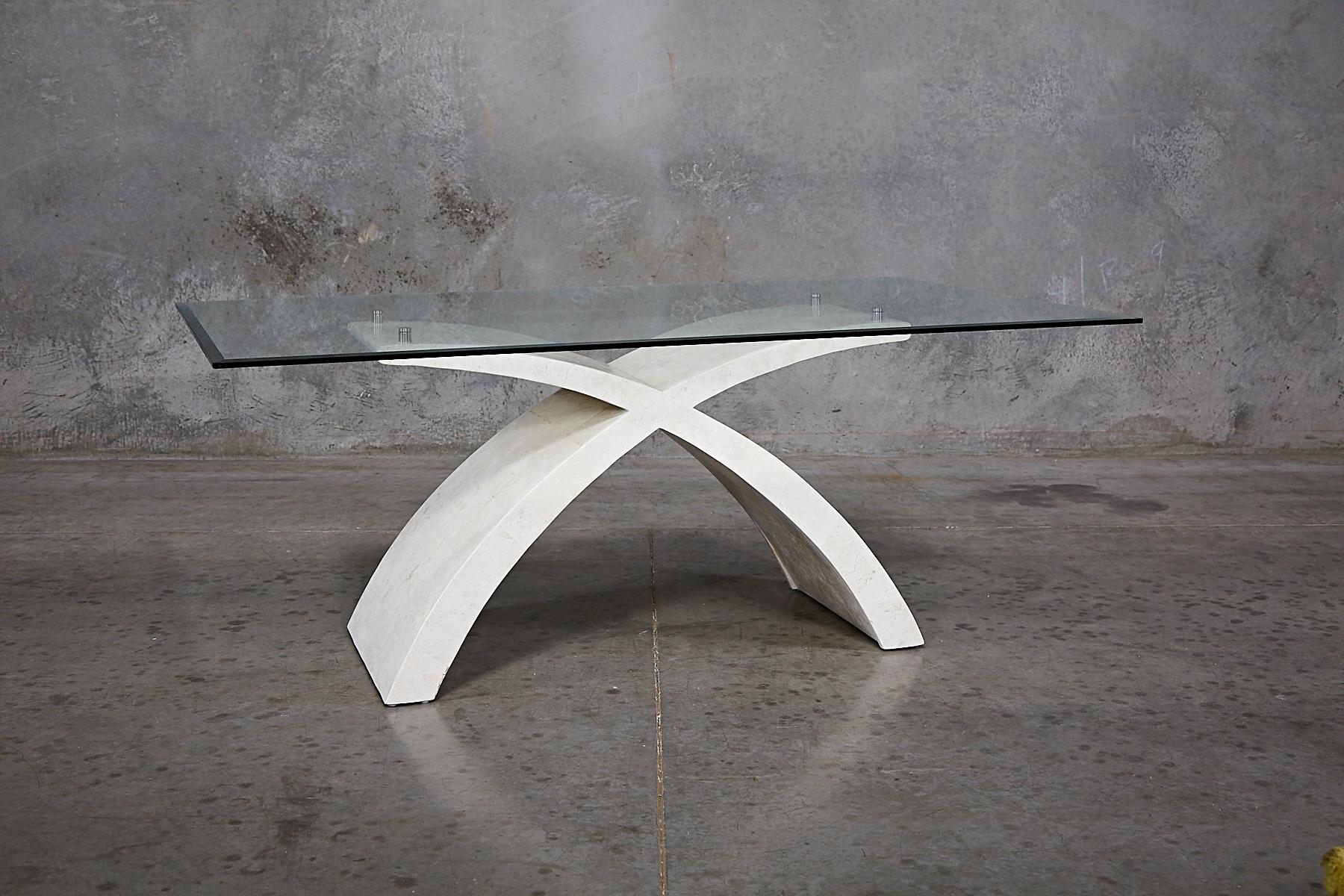 Postmodern White Tessellated Stone X-Base Dining Table with Glass Top, 1990s For Sale 8