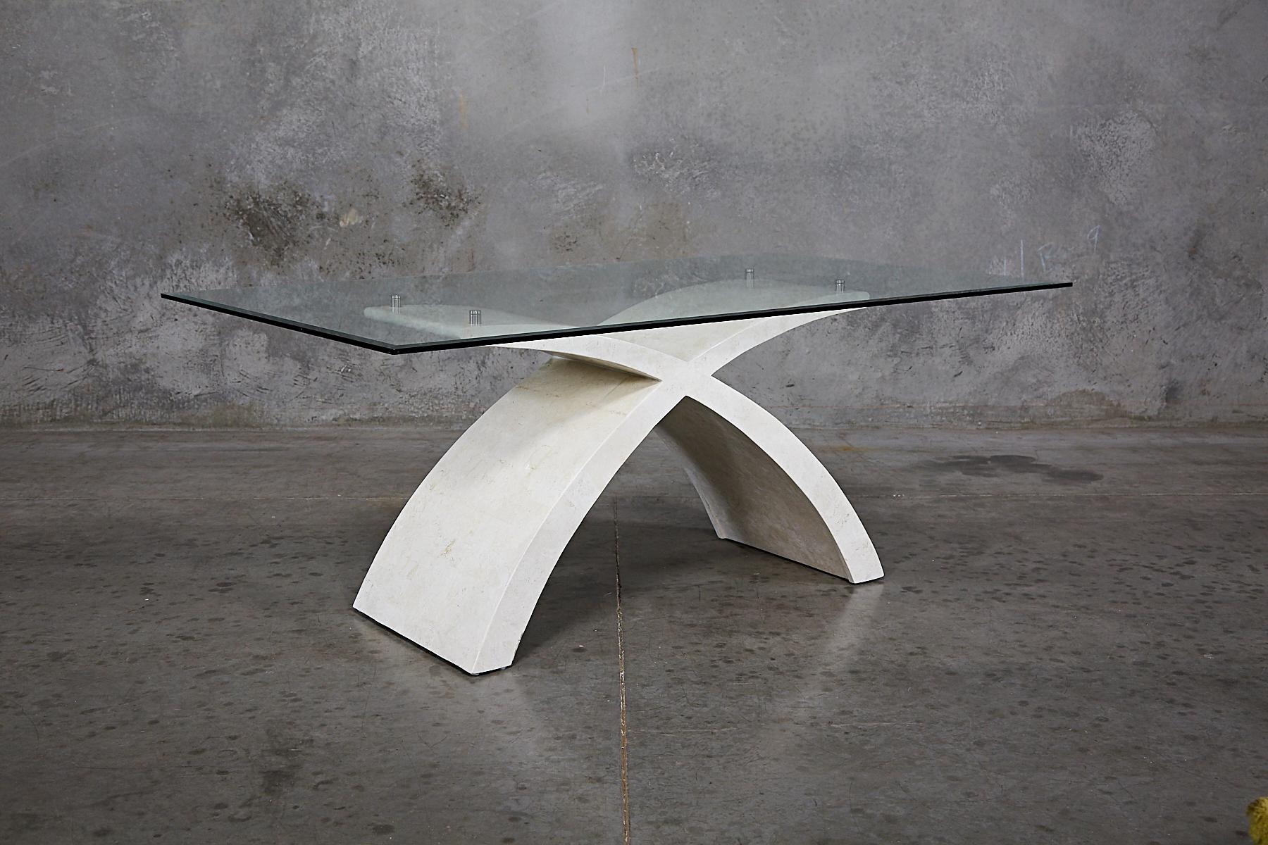 Post-Modern Postmodern White Tessellated Stone X-Base Dining Table with Glass Top, 1990s For Sale
