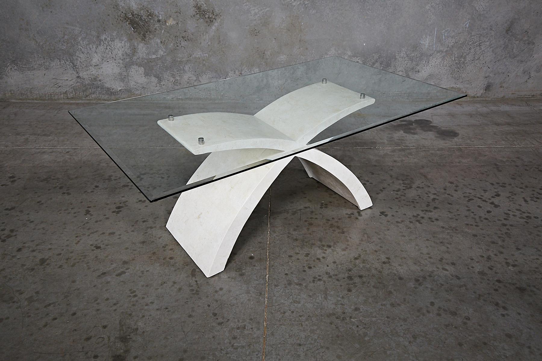 Philippine Postmodern White Tessellated Stone X-Base Dining Table with Glass Top, 1990s For Sale