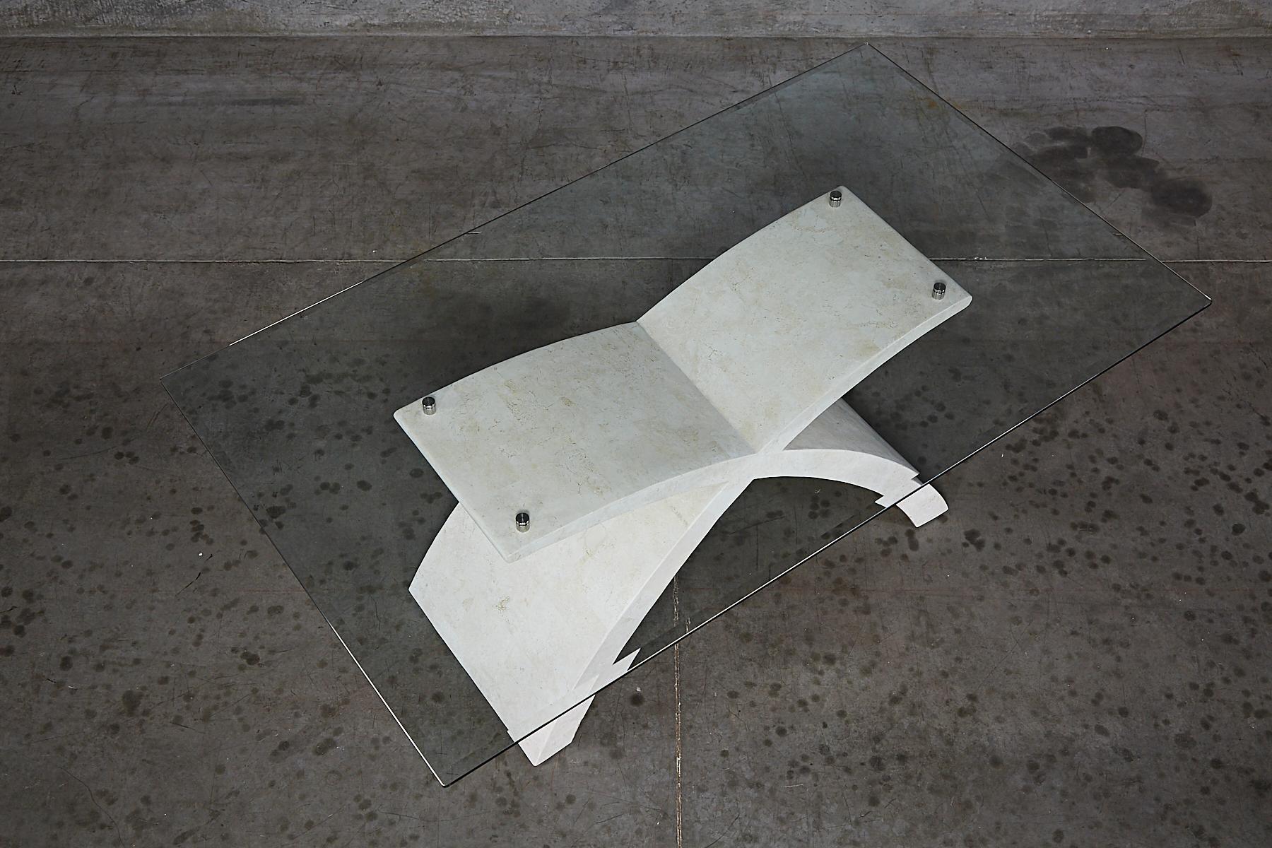 Inlay Postmodern White Tessellated Stone X-Base Dining Table with Glass Top, 1990s For Sale