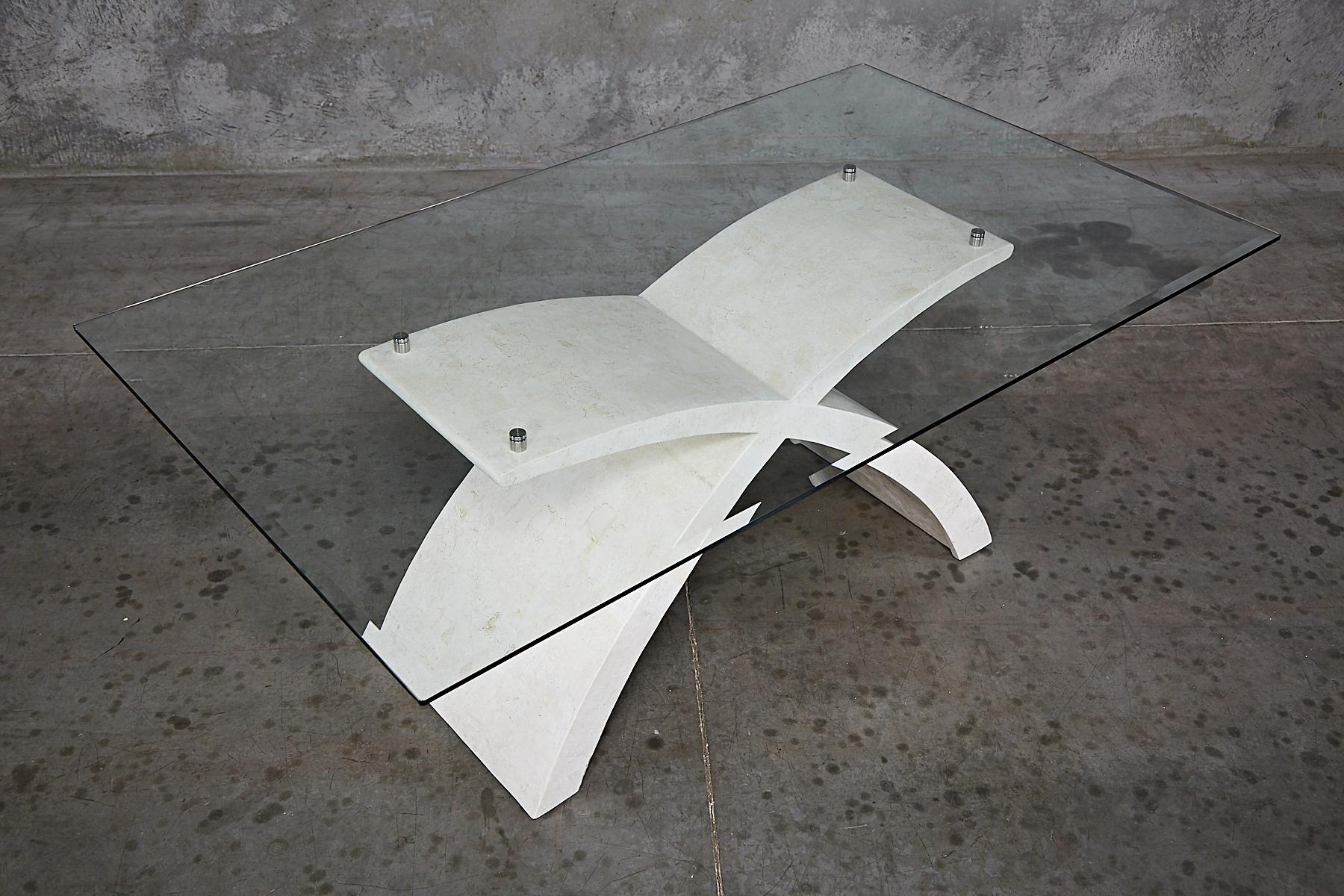 Postmodern White Tessellated Stone X-Base Dining Table with Glass Top, 1990s In Excellent Condition For Sale In Los Angeles, CA