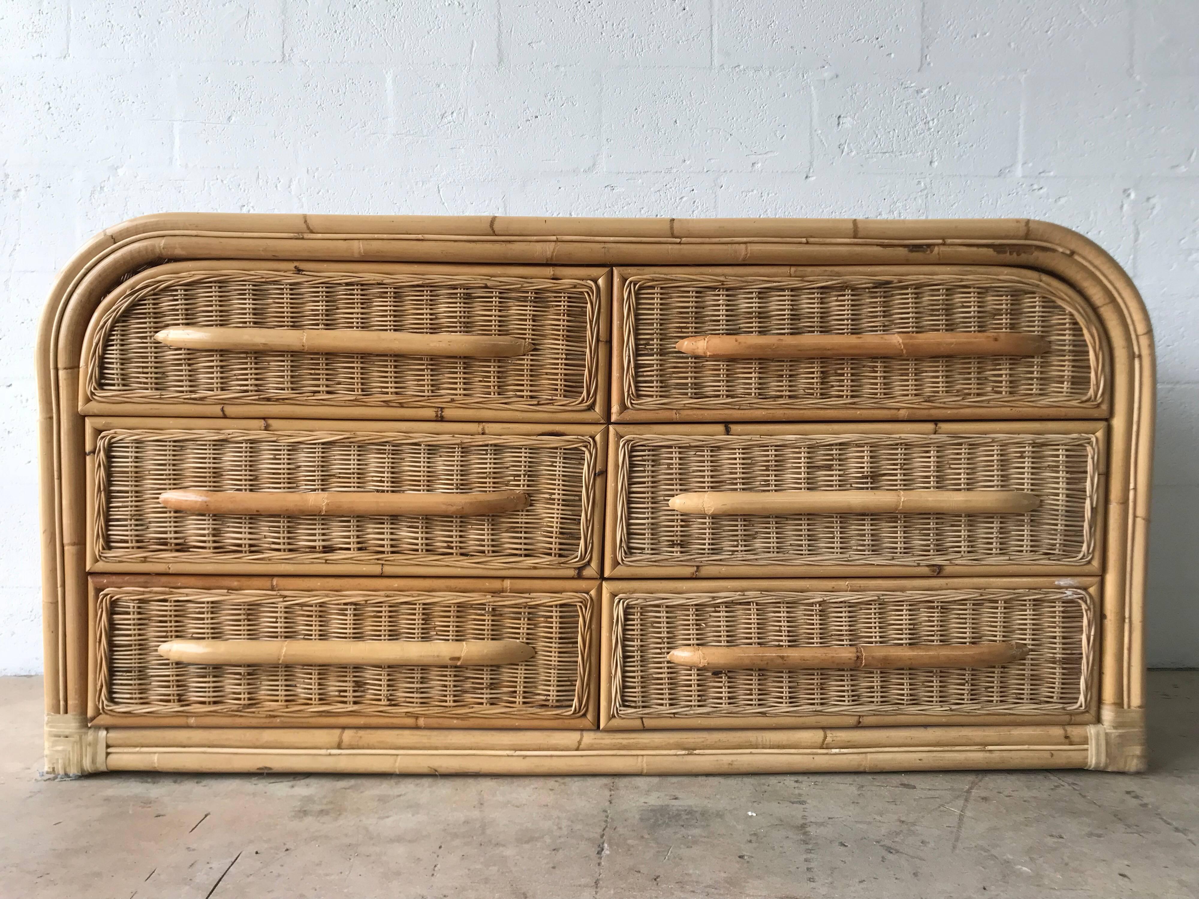 Italian Postmodern Wicker and Bamboo Six-Drawer Dresser
