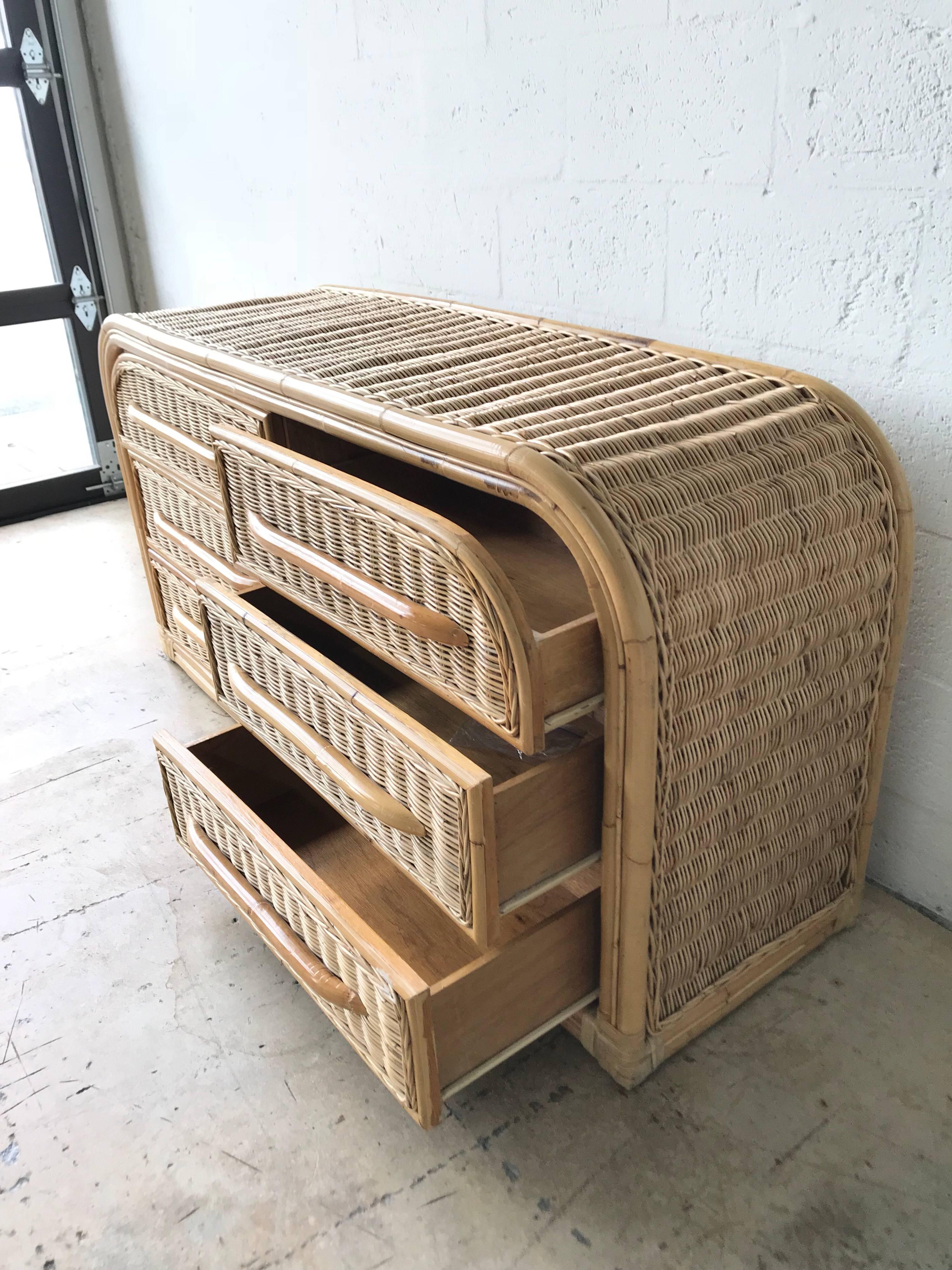 20th Century Postmodern Wicker and Bamboo Six-Drawer Dresser