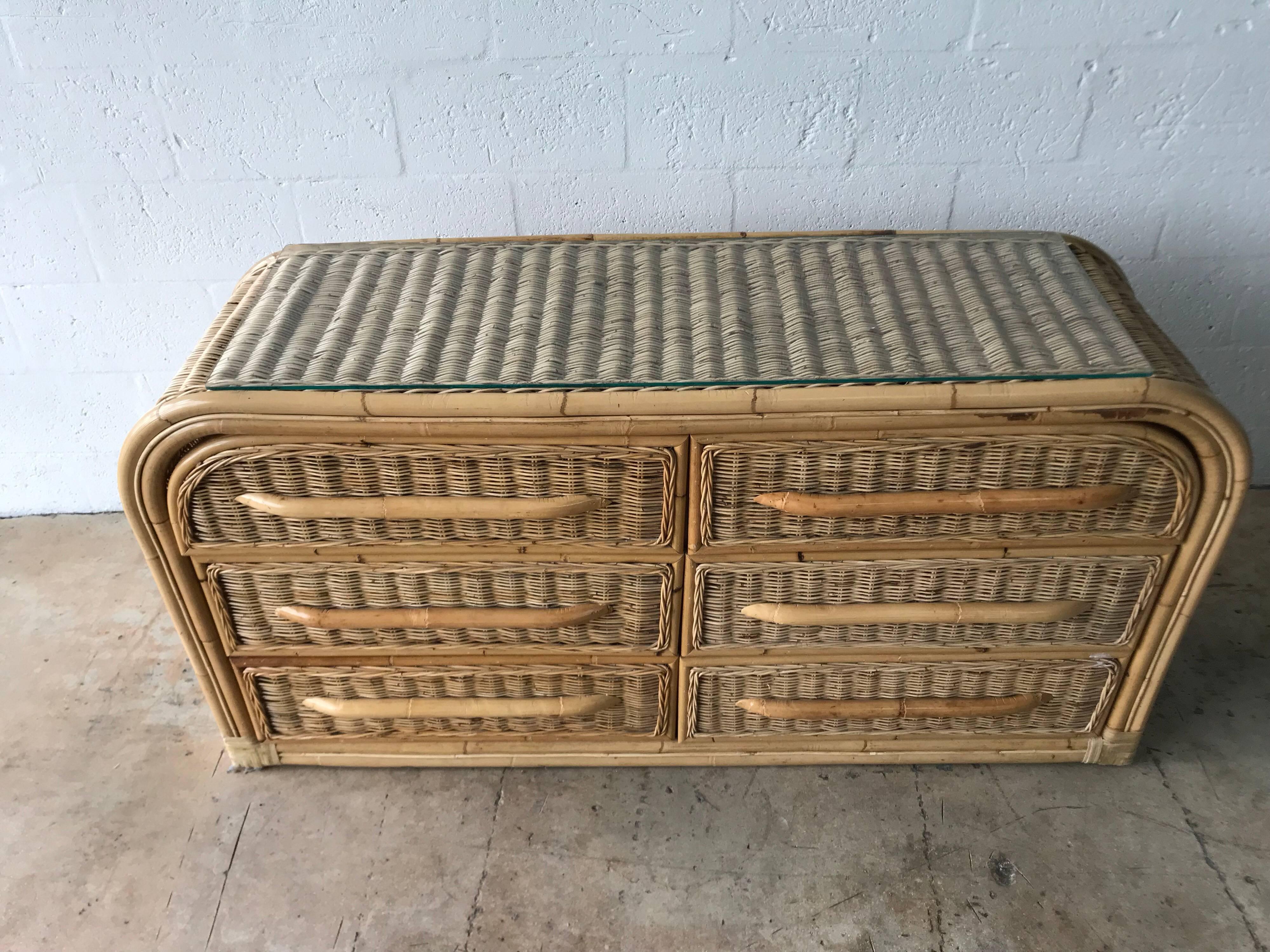 Postmodern Wicker and Bamboo Six-Drawer Dresser 2